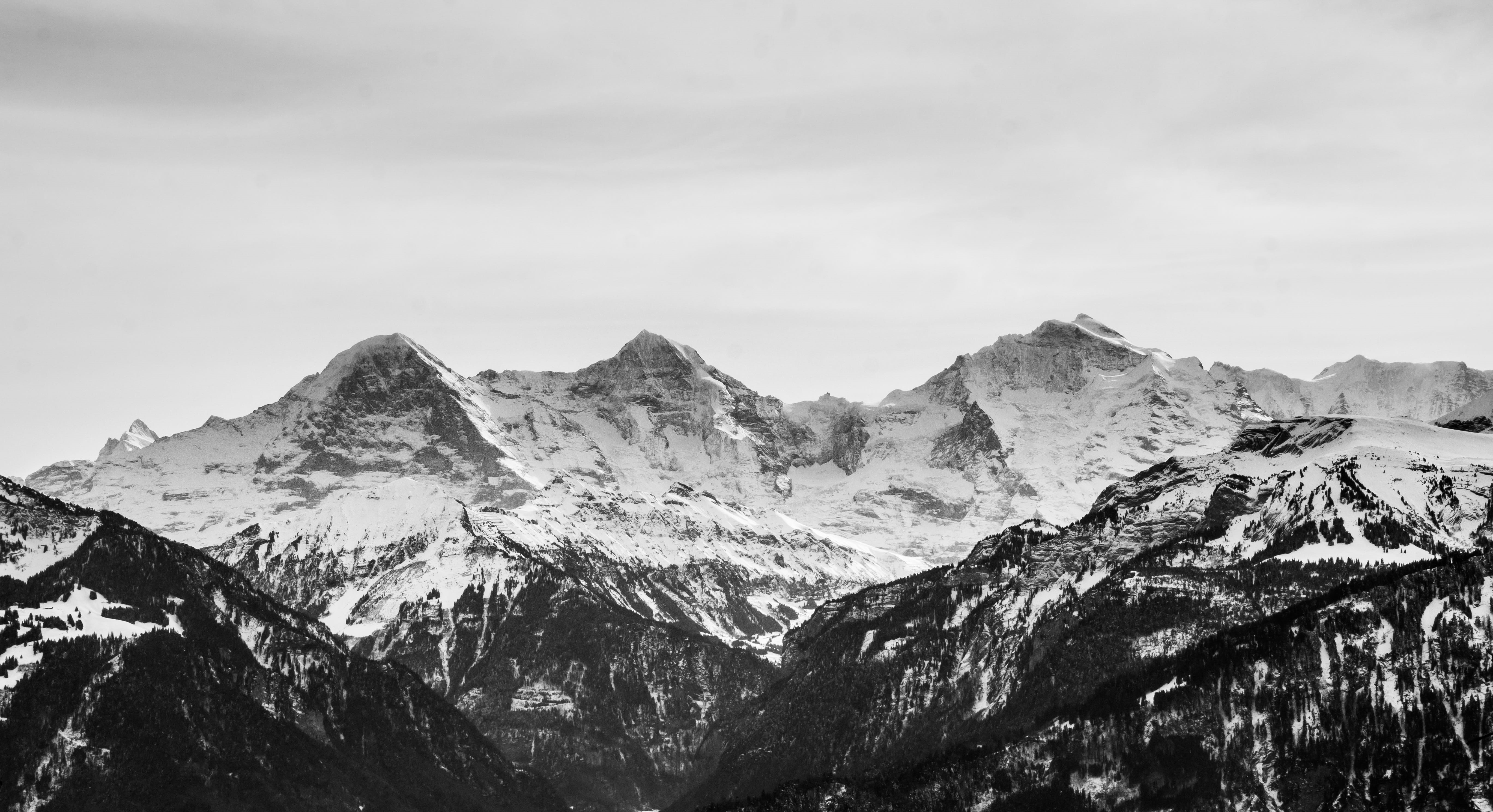 high, tranquility, sky, tranquil scene, snowcapped mountain, white, outdoors, alpine, environment, black-and-white, glacier, majestic, mountains, cold temperature, HD Wallpaper