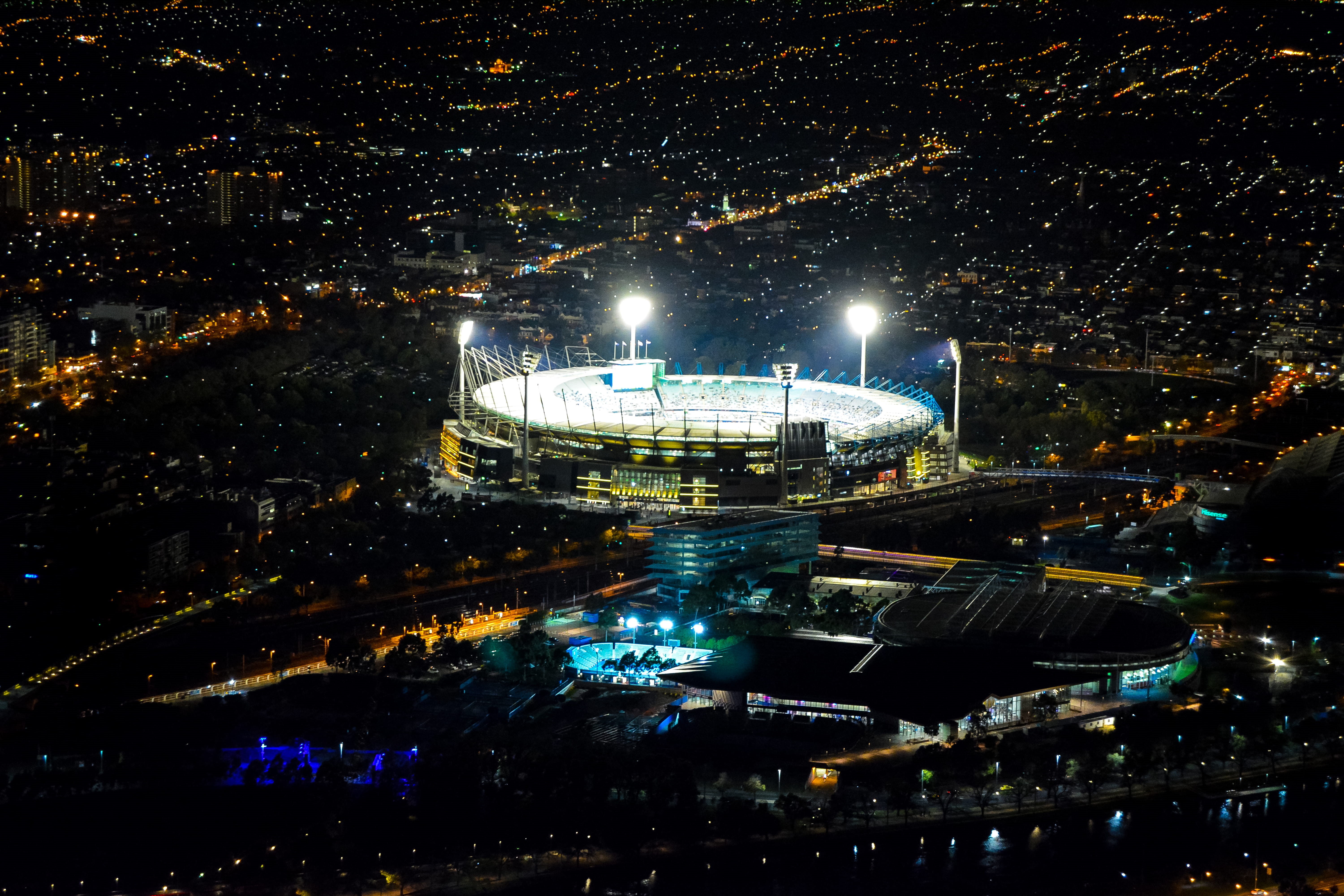 melbourne cricket ground, city, outdoors, australia, richmond, floodlights, mcg, stadium, melbourne, reflection, city lights, night, sport, modern, transportation, HD Wallpaper
