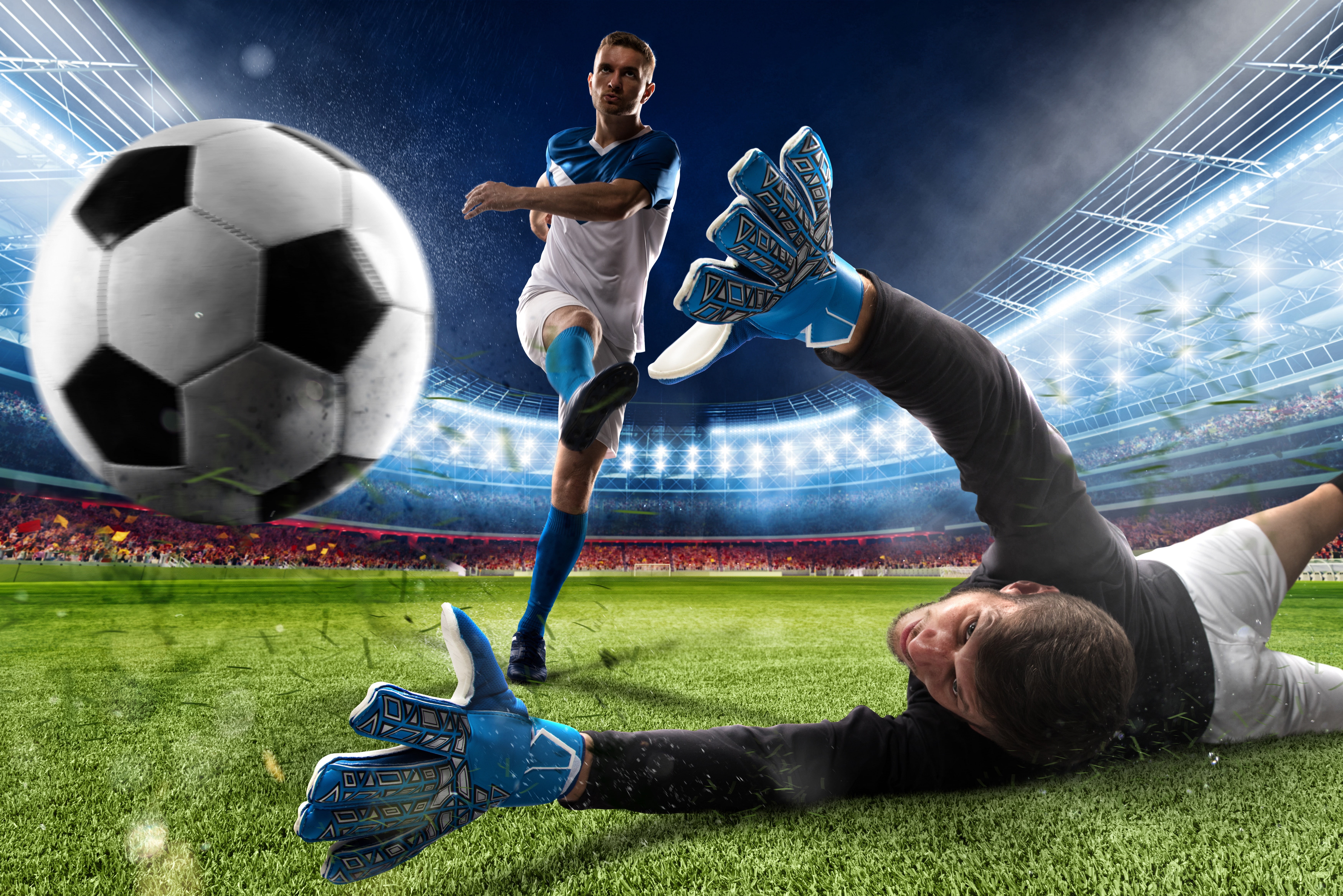 goal, t-shirt, field, knee, lights, tribune, lawn, floodlight, the game, stadium, uniform, shorts, men, athletes, the ball, the situation, striker, grass, HD Wallpaper
