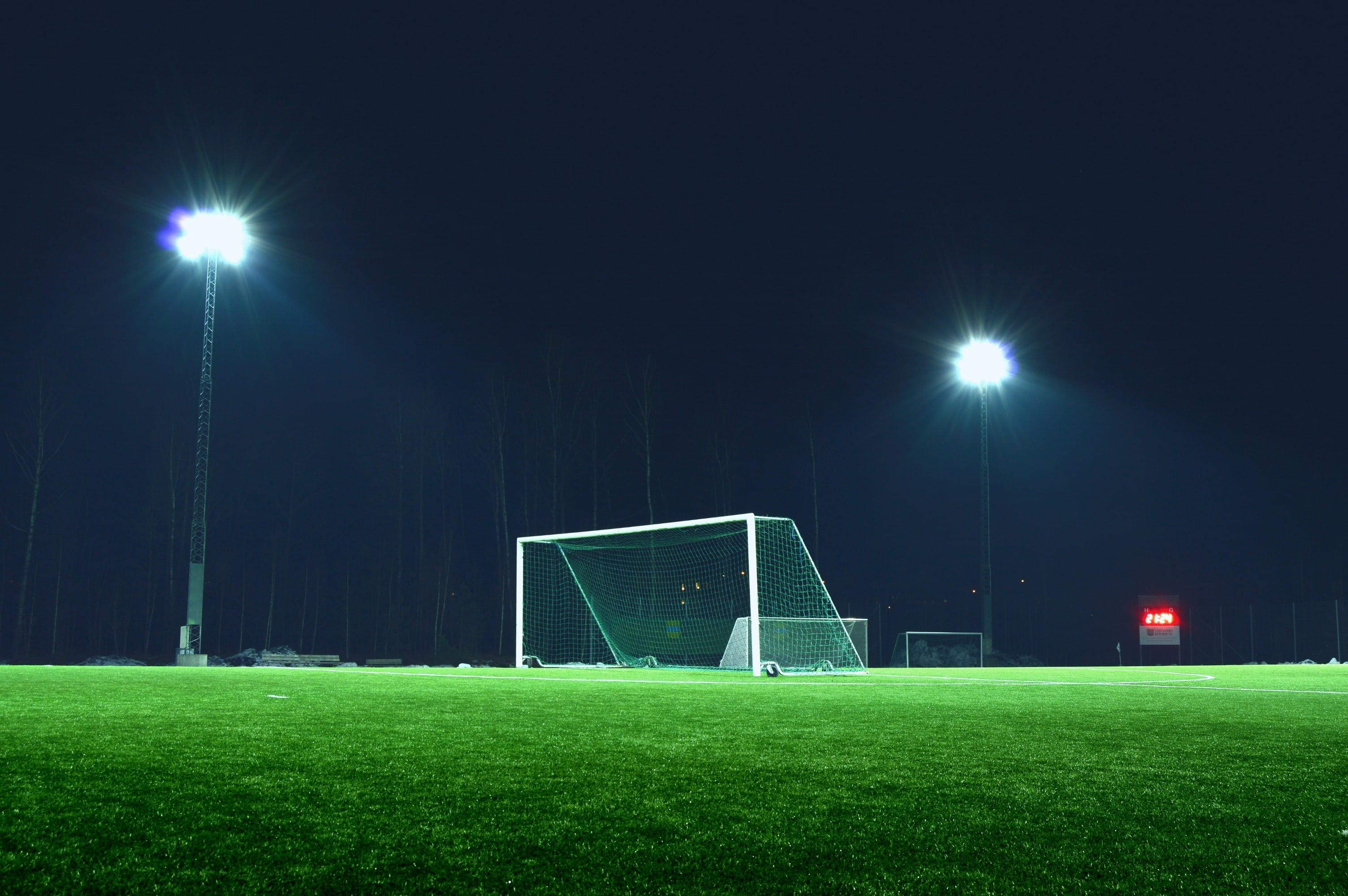 grass, net - sports equipment, no people, sports equipment, lighting equipment, team sport, outside, soccer, evening, sky, 2K, field, soccer field, green color, HD Wallpaper