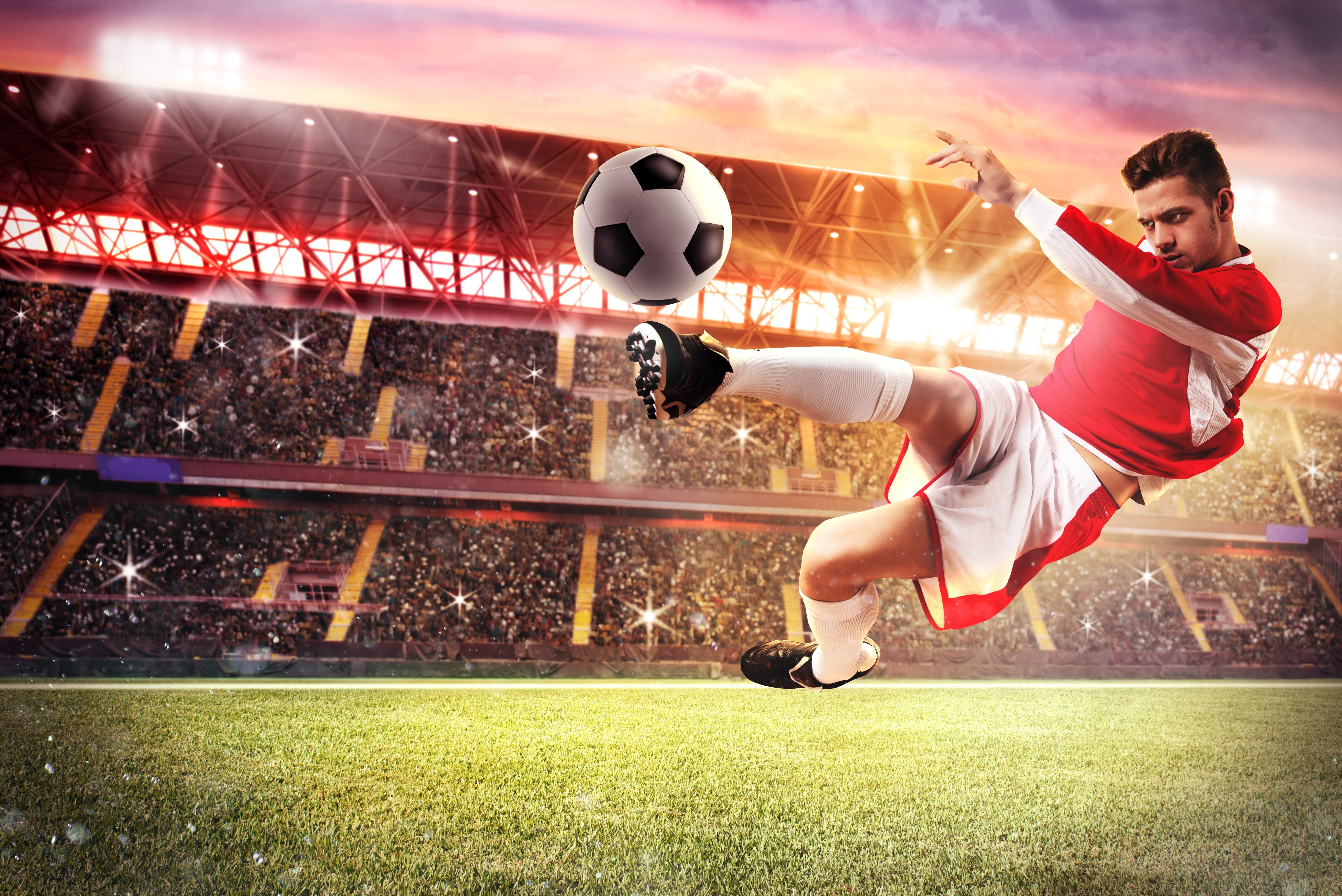 stadium, light, athlete, floodlight, kick, lawn, the ball, tribune, player, uniform, grass, football, field, 5K, jump, HD Wallpaper