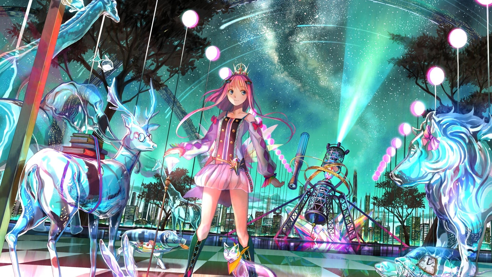 light, bow, female, young women, casual clothing, beautiful woman, women, anime, books, clocks, night, real people, festival, pink, 1080P, stars, stage, HD Wallpaper