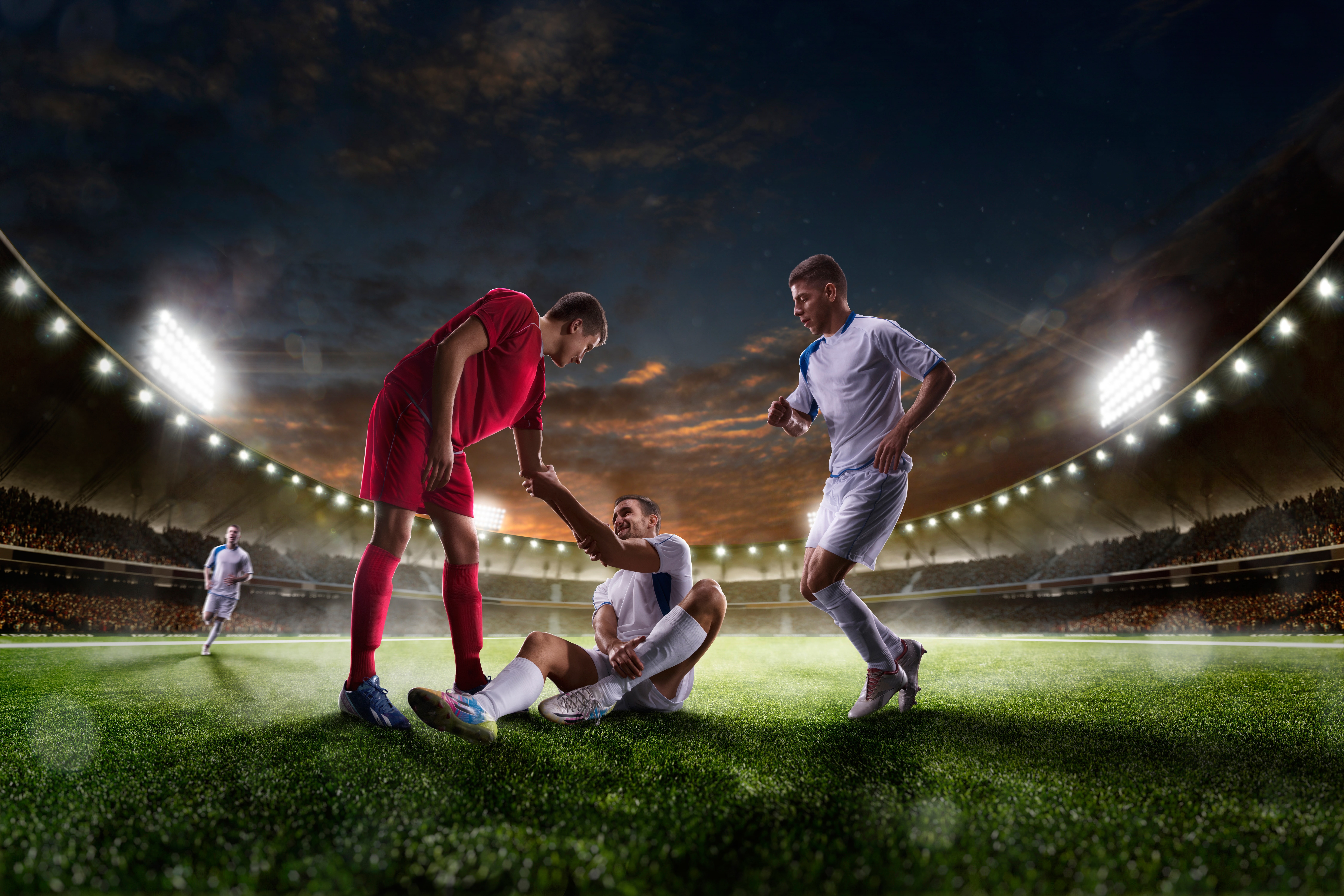 uniform, night, players, athletes, field, floodlight, lights, lawn, grass, the sky, football, 8K, stadium, tribune, HD Wallpaper