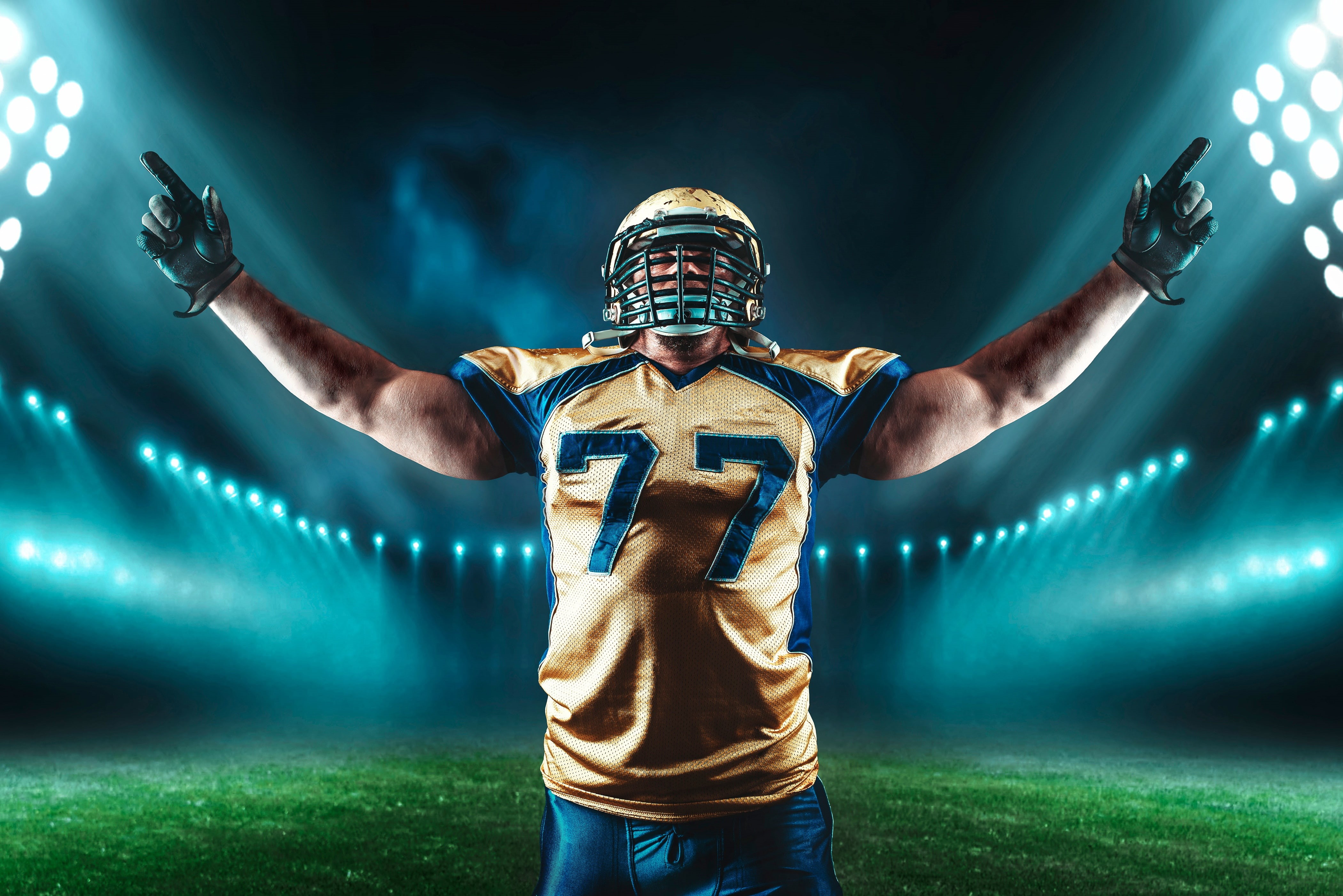 American football, stadium, field, player, 4K, floodlight, helmet, grass, male, t-shirt, sport, gloves, pose, athlete, uniform, HD Wallpaper