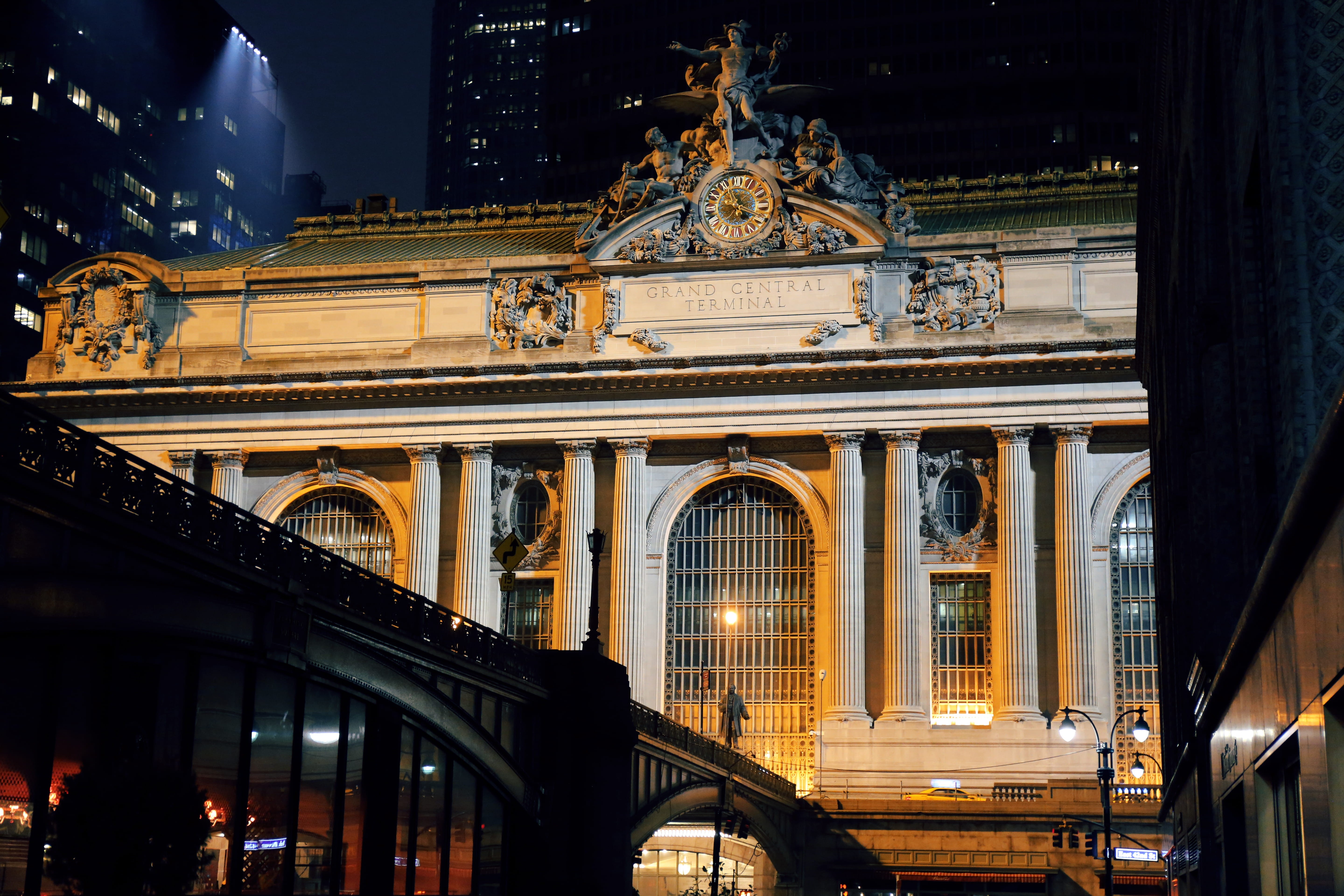 built structure, clock, usa, night, establishment, arch, skyscrapers, the past, architectural column, skyscraper, low angle view, travel destinations, train station, HD Wallpaper