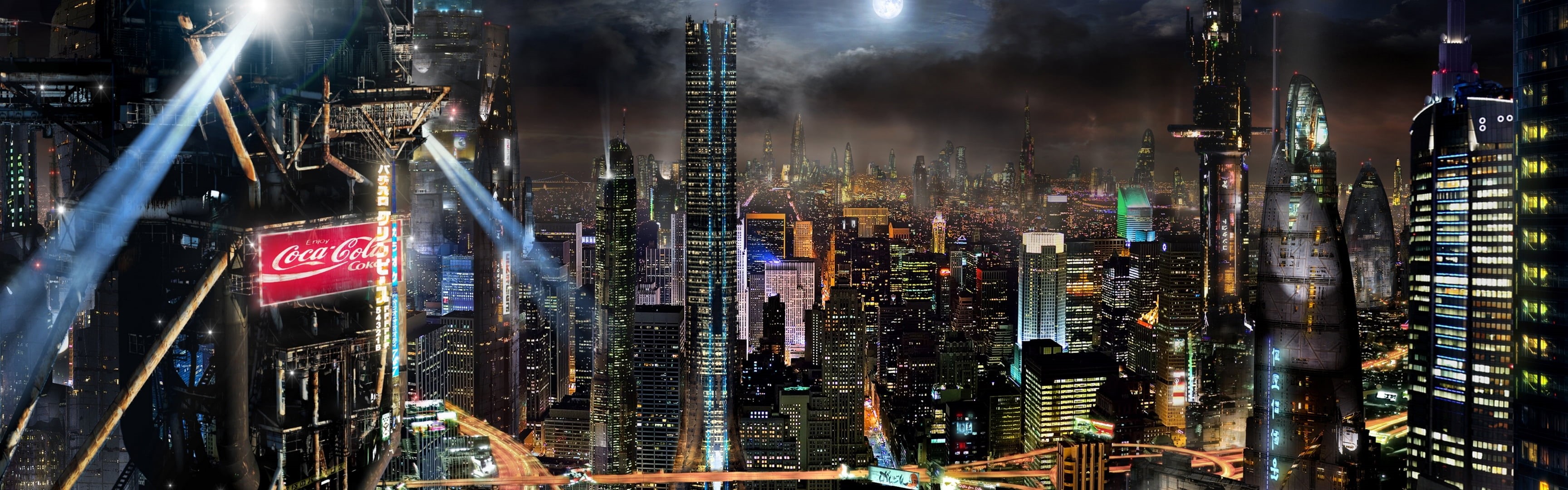 office, night city, tower, tall - high, nightlife, architecture, building, office building exterior, city, building exterior, night, gray, modern, panorama, HD Wallpaper