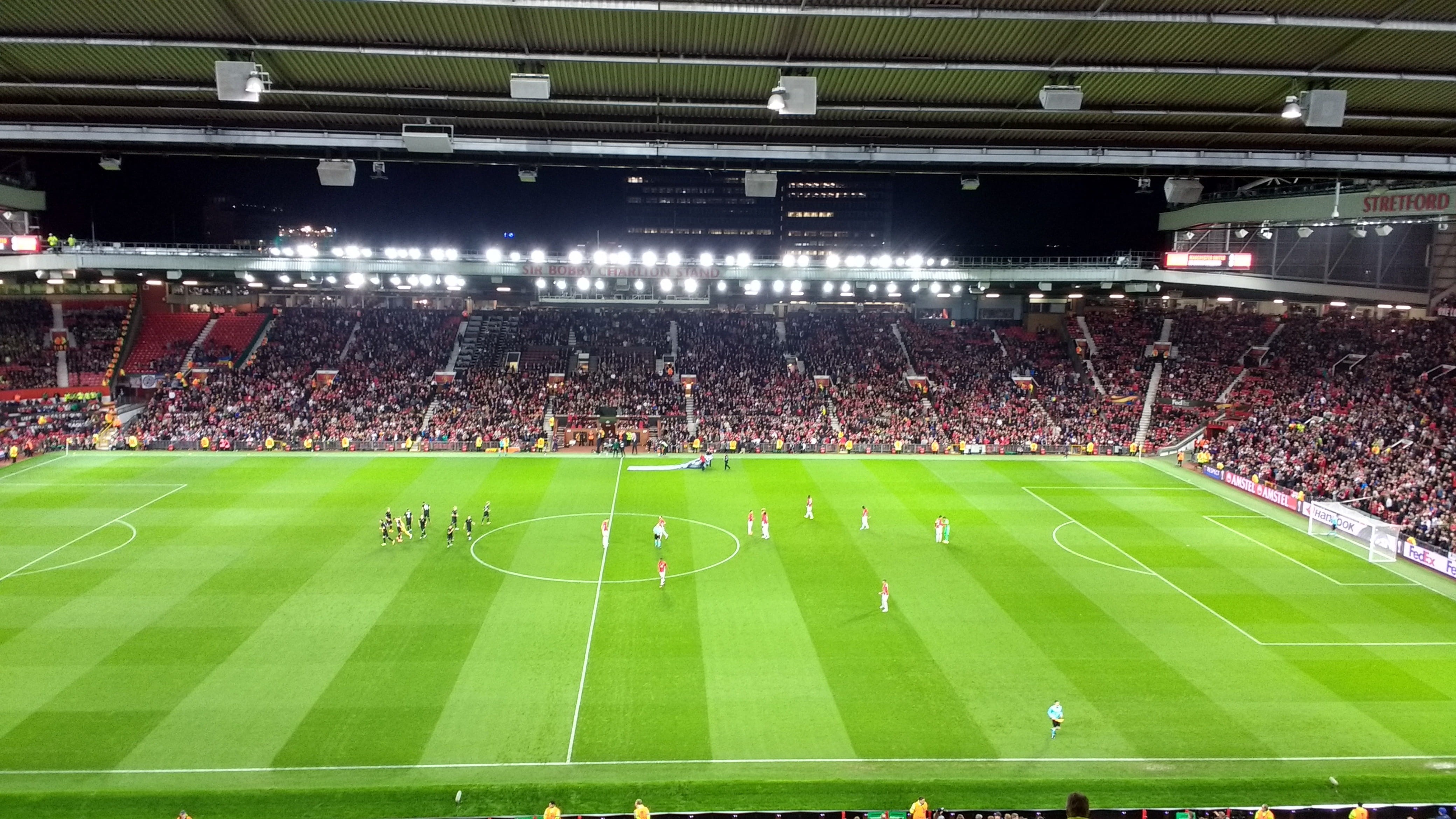 england, night, playing field, high angle view, Football, sport, Old Trafford, field, green color, floodlit, stadium, audience, competition, Stadium, sports, HD Wallpaper