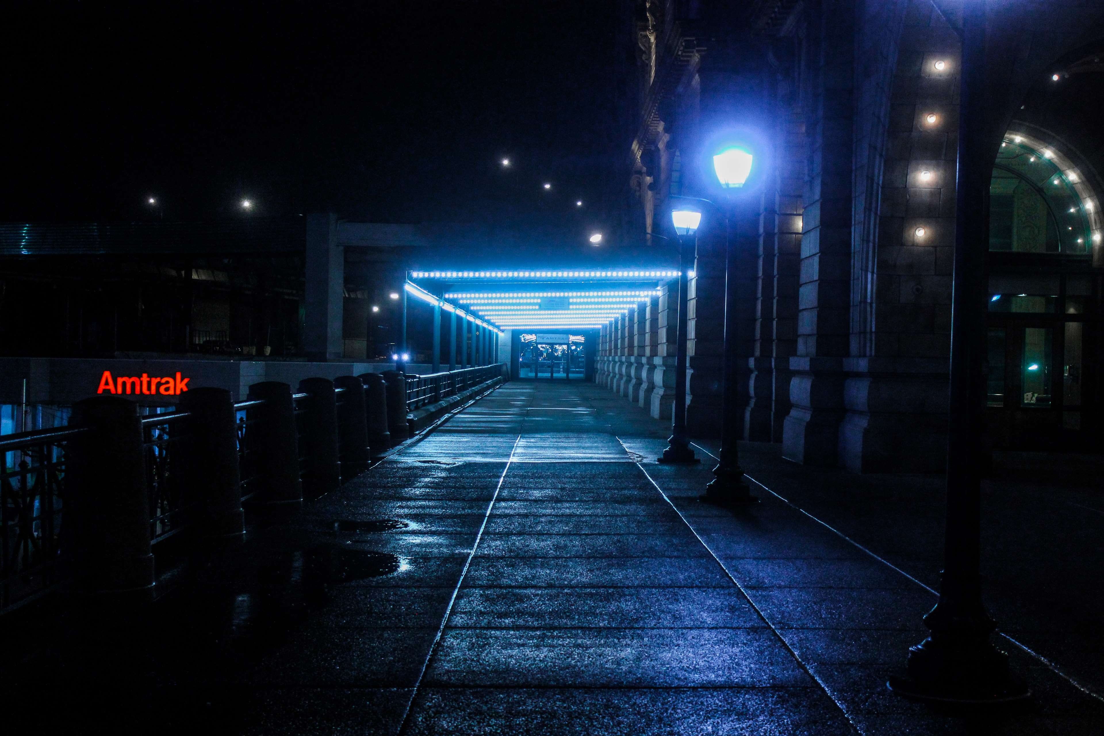 illuminated, tiled floor, built structure, communication, pathway, absence, light, sidewalk, outdoors, lights, sign, architecture, footpath, train station, HD Wallpaper