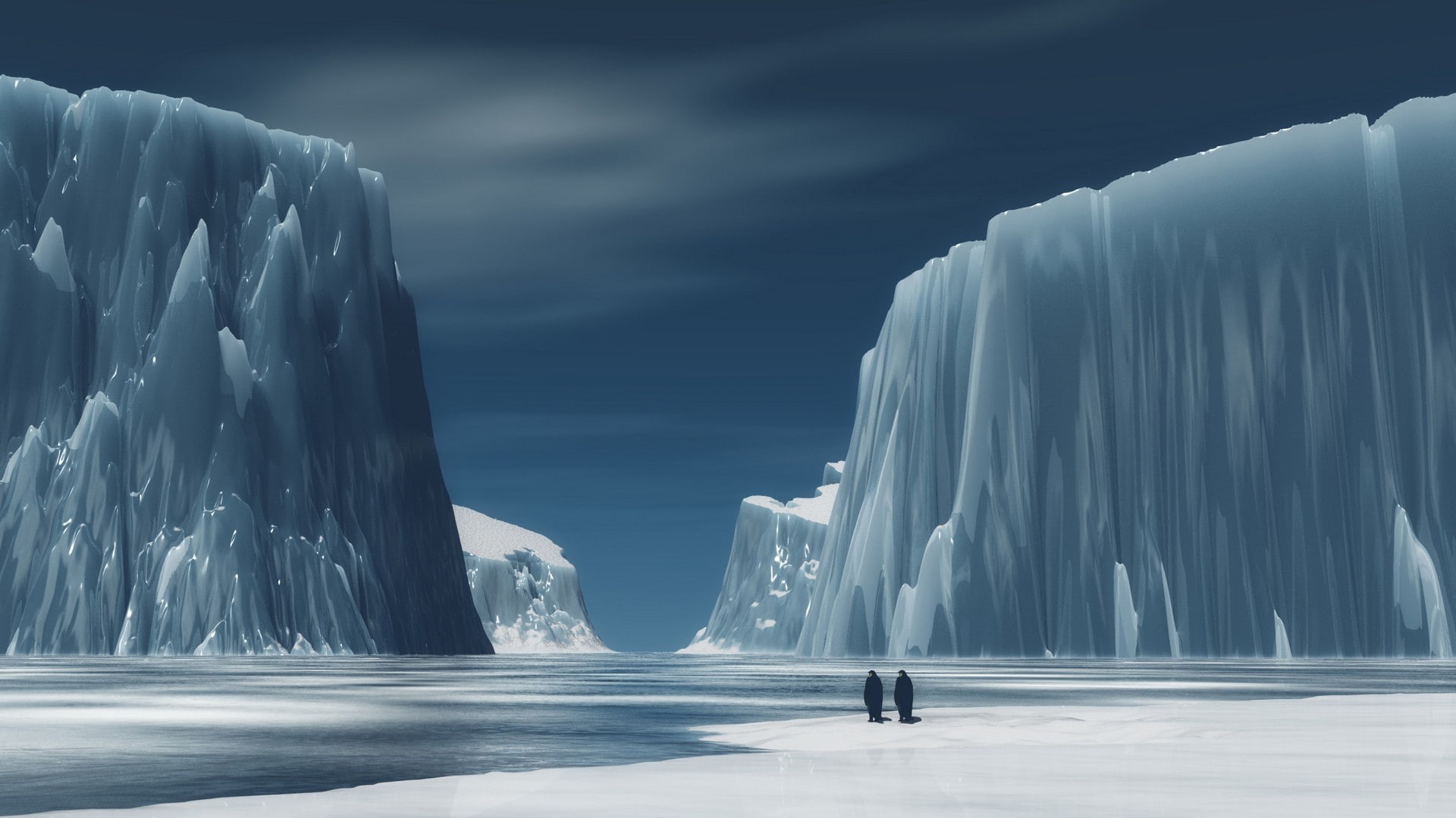 Antarctica, mountains, Arctic, artwork, penguins, snow, landscape, 1080P, ice, couple, digital art, river, HD Wallpaper