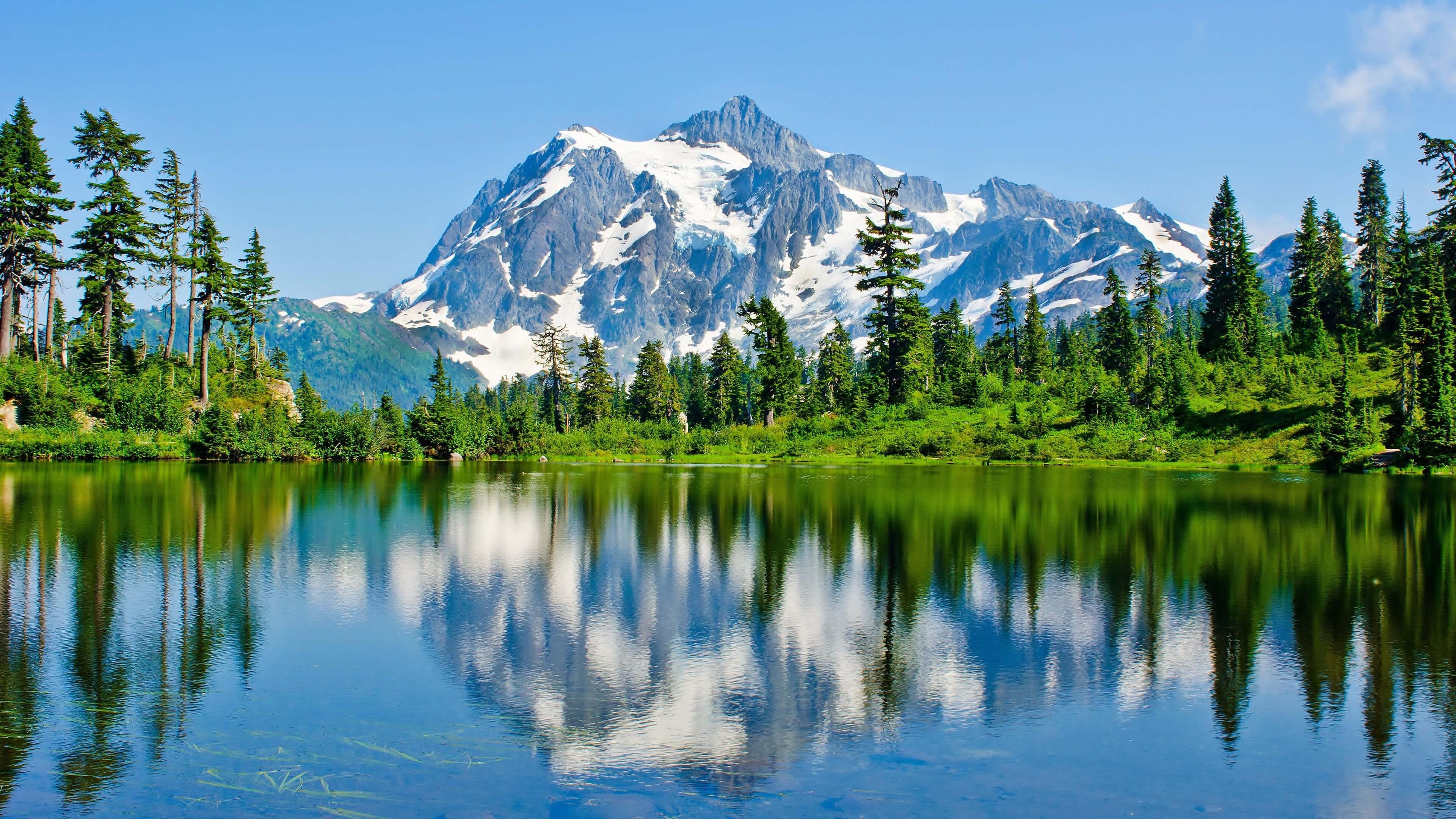 national park, lake, blue sky, mount, reflect, trees, mount shuksan, north cascades, mountain lake, north cascades national park, reflection, america, mountains, HD Wallpaper
