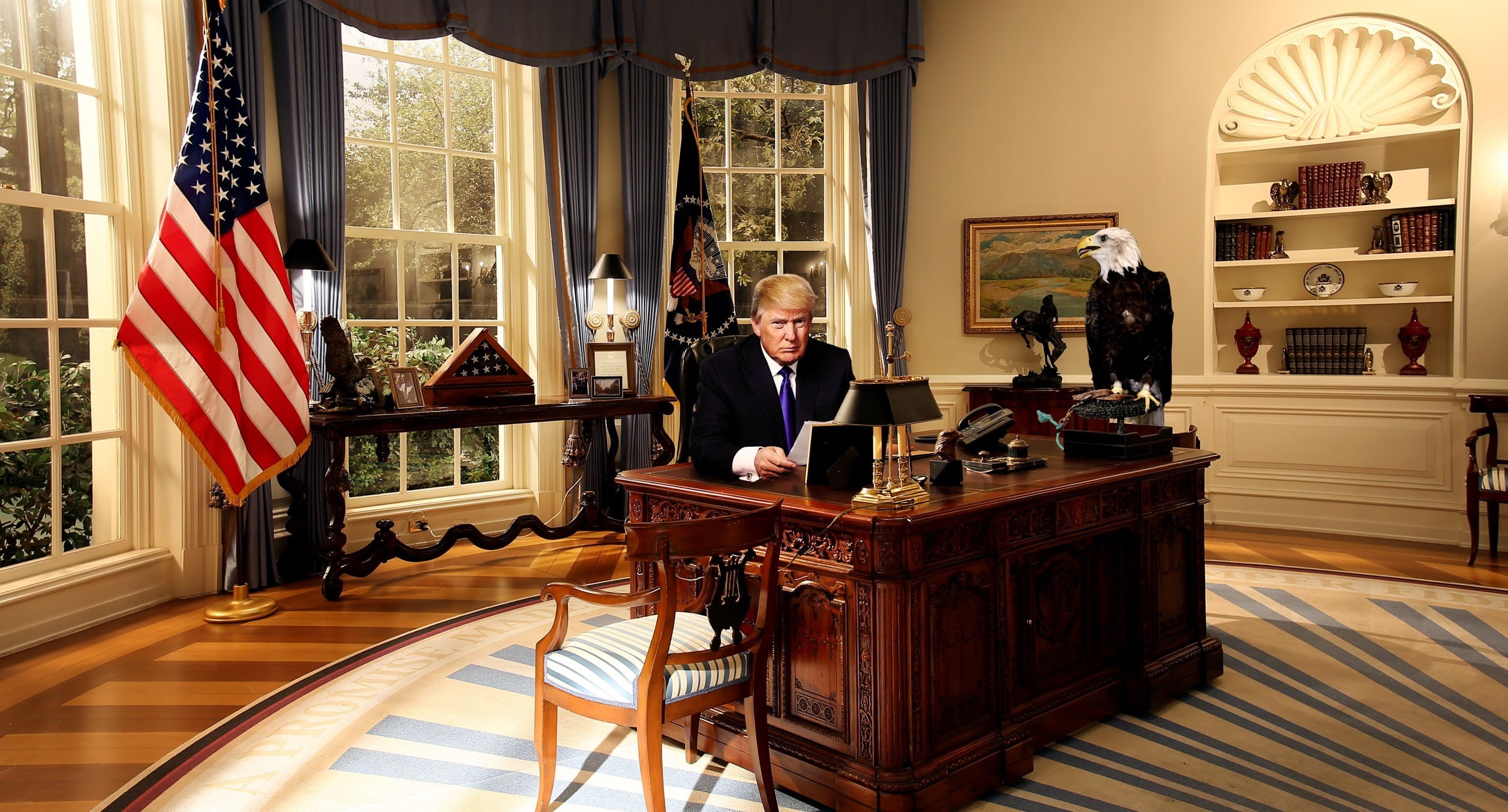 men, pride, electric lamp, hairstyle, dresser, home interior, one person, blonde, White House, flag, indoors, wooden, adult, suit, looking at camera, furniture, HD Wallpaper