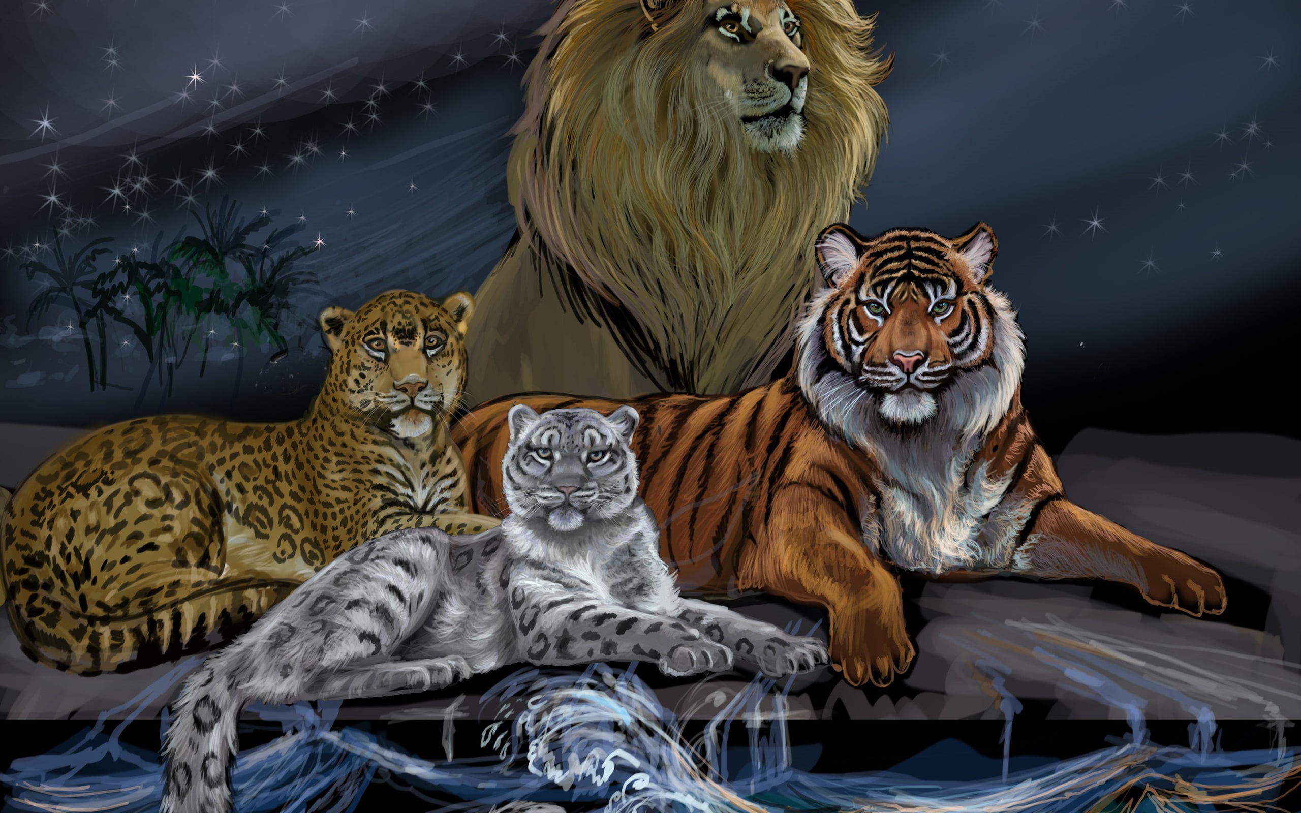 feline, vertebrate, togetherness, animal, big cat, animal family, animal wildlife, waves, leopard, trees, relaxation, domestic animals, no people, cat, HD Wallpaper