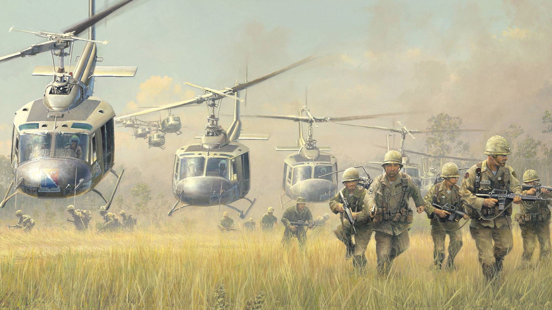 transportation, military uniform, screenshot, uniform, cavalry, military, outdoors, infantry, army helmet, Vietnam, responsibility, gun, battle, helicopter, HD Wallpaper