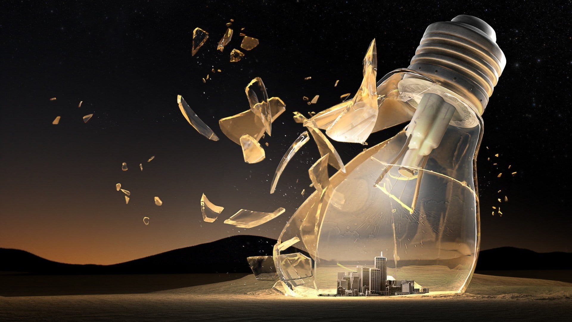 desert, reflection, indoors, digital art, space exploration, building, space, stars, cracked, hills, lightbulb, motion, star - space, composite image, city, HD Wallpaper