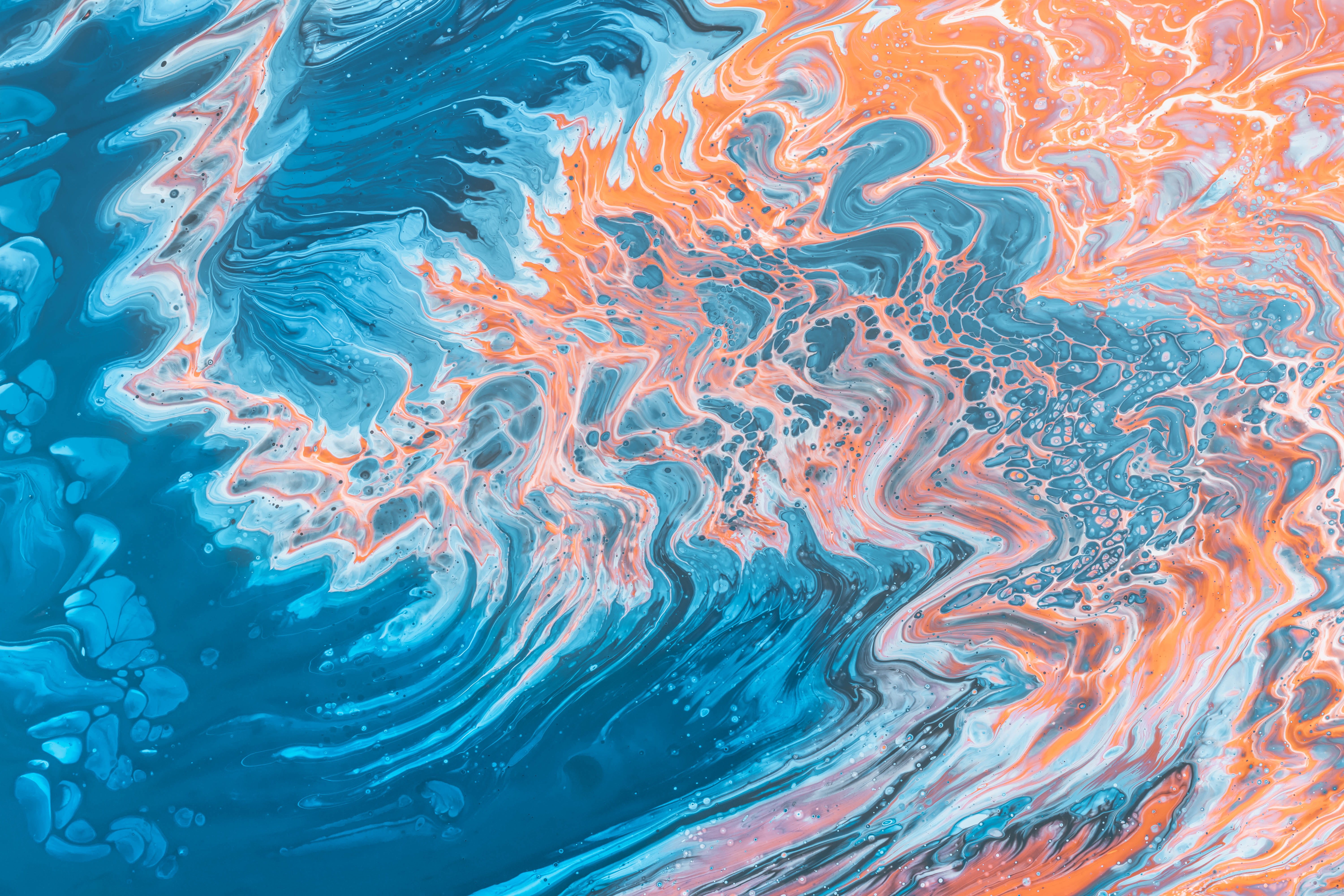 full frame, 5K, island, abstract, painting, oil spill, pollution, industry, motion, mixing, textured, no people, multi colored, water, pattern, orange, HD Wallpaper