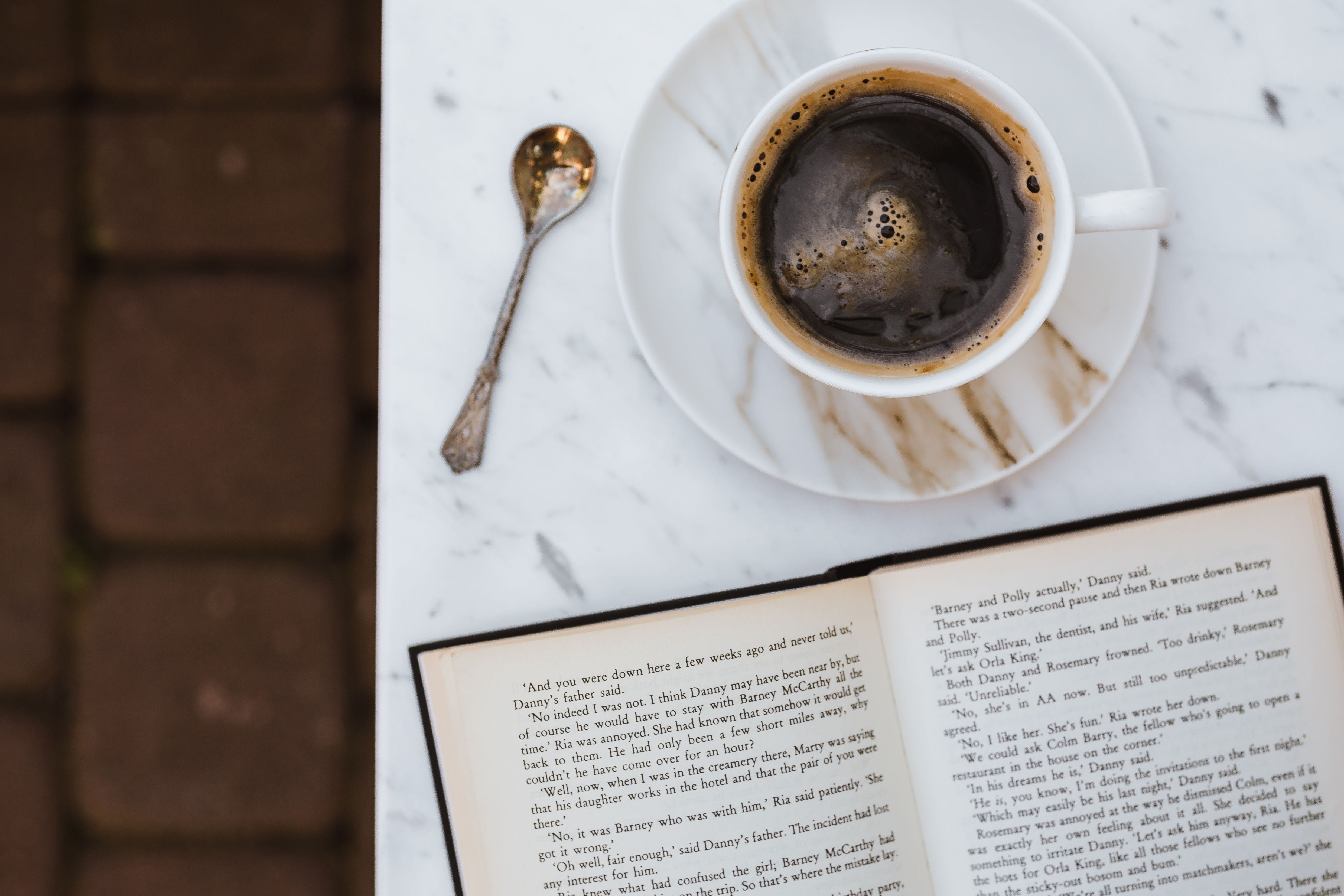 freshness, book, marble, coffee - drink, crockery, refreshment, coffee cup, drink, paper, mug, white, kitchen utensil, cafe, text, still life, nobody, eating utensil, HD Wallpaper