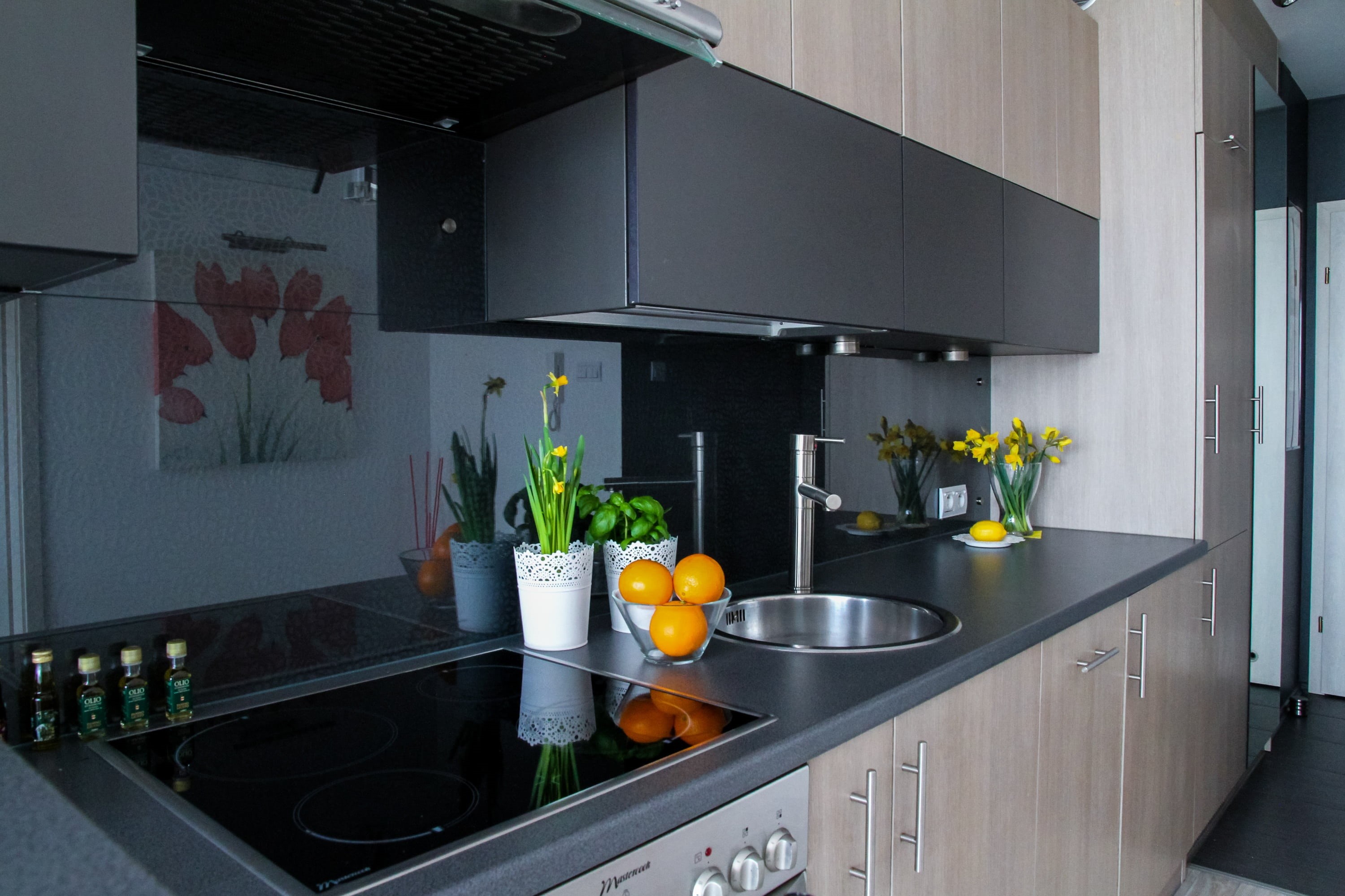 interior design, marble, home, home showcase interior, 2K, room, decoration, oven, gray, kitchen counter, household equipment, comfortable apartment, table, HD Wallpaper