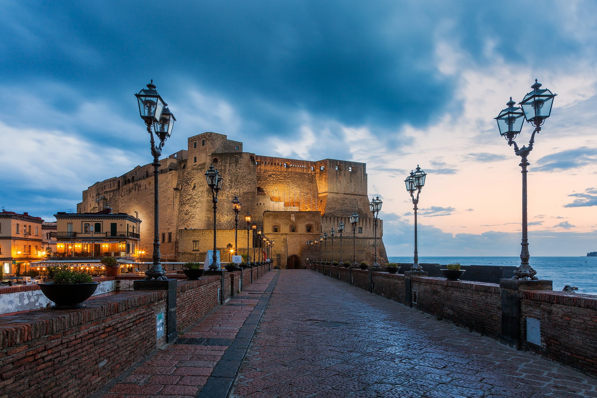 city, castle, stone Material, wall - Building Feature, twilight, Italy, brown, Castel dell’Ovo, summer, famous Place, 1080P, nature, mediterranean Sea, HD Wallpaper
