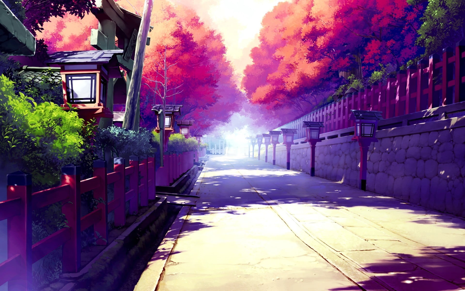 retro Styled, outdoors, road, white, illuminated, digital, urban Scene, building Exterior, 1080P, animation, europe, barrier, Japan, street, tree, nature, HD Wallpaper