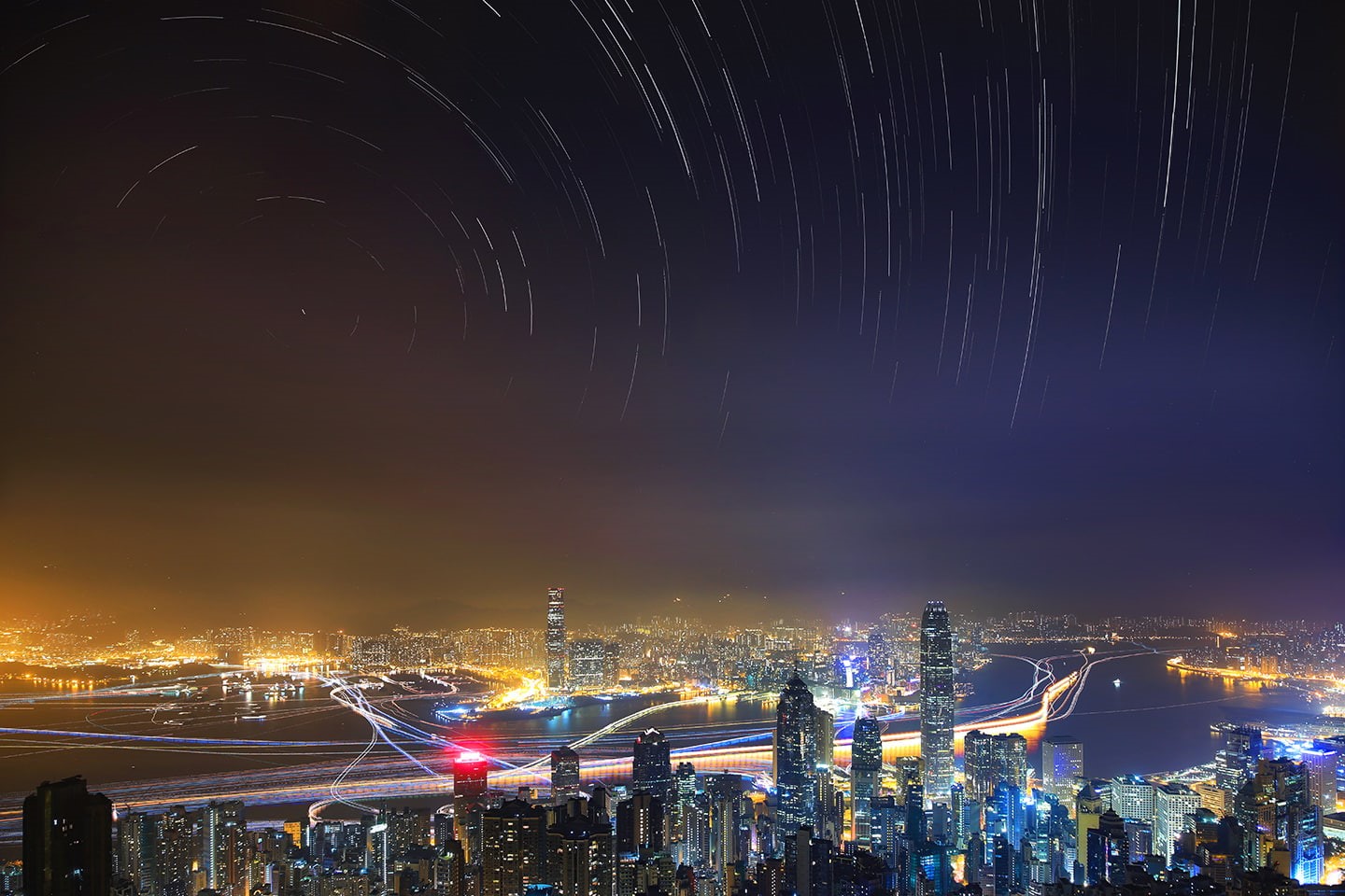 architecture, pollution, skyscraper, 720P, Hong Kong, cityscape, city lights, clear sky, building, night, stars, long exposure, Prisca Law, HD Wallpaper