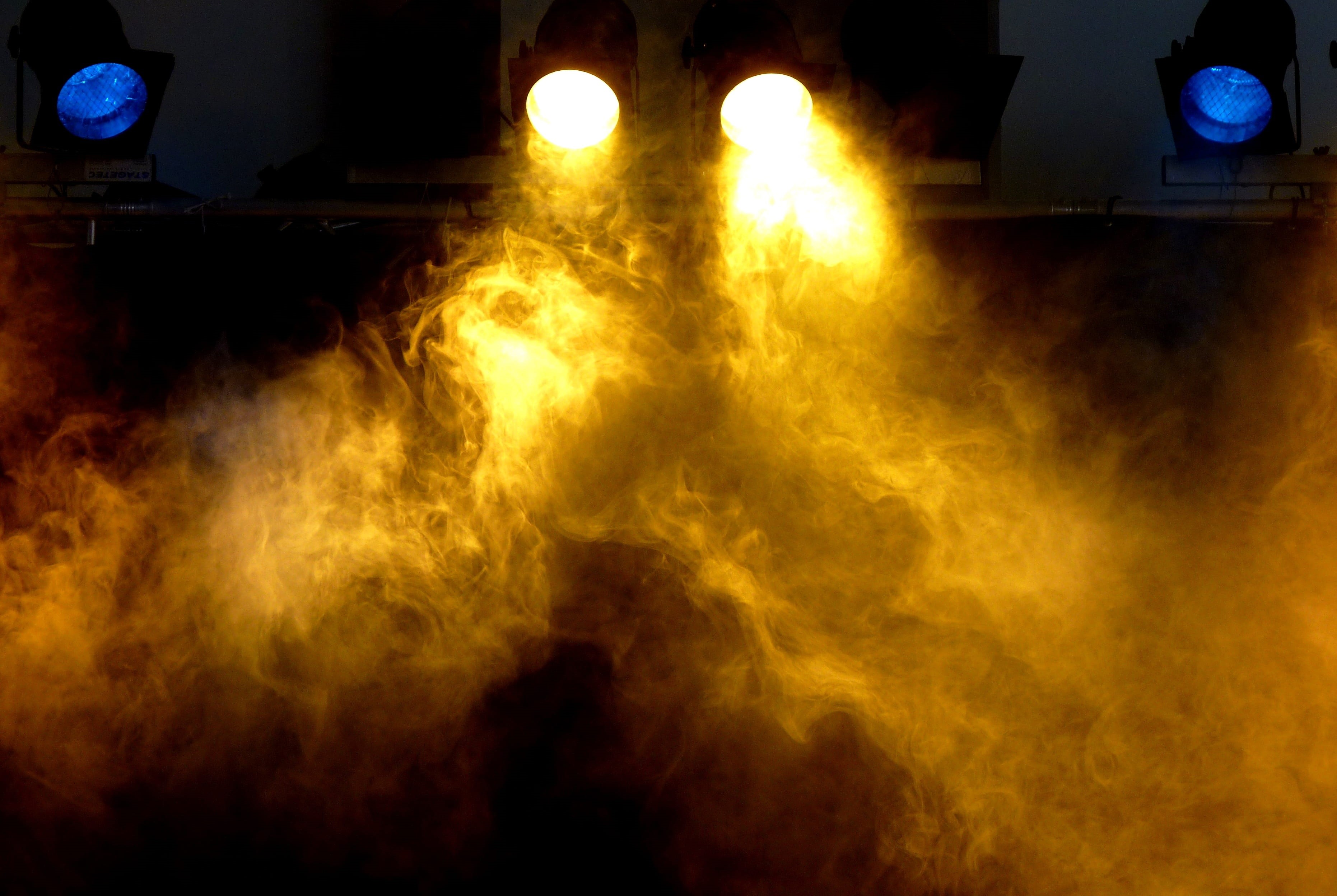abstract, event, lighting equipment, spotlight, fog, technology, 2K, heat - temperature, yellow, night, fire - natural phenomenon, light, lamp, dark, ray of light, HD Wallpaper
