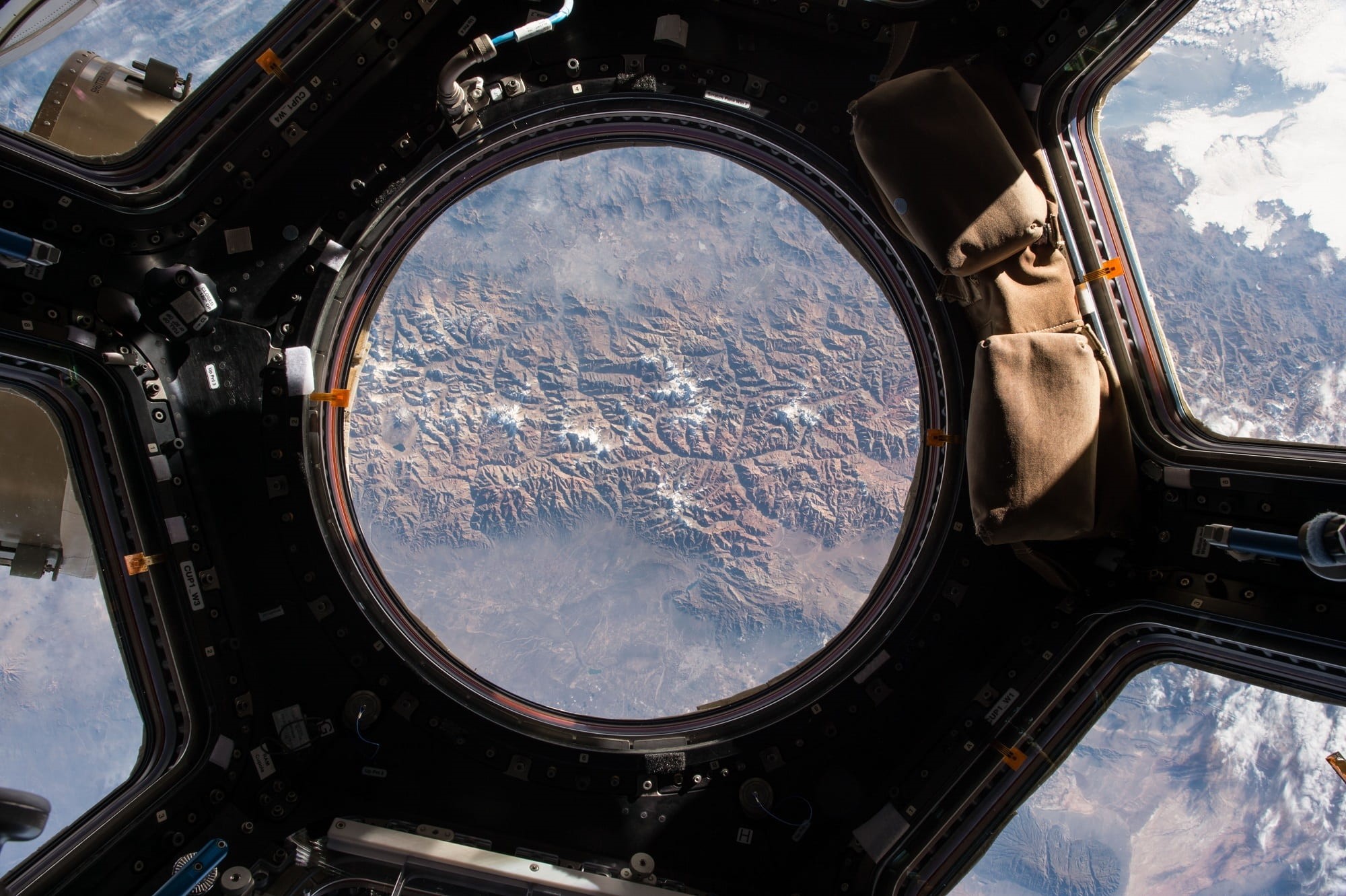 astronauts, sky, photo, glass - material, city, close-up, earth, clouds, window, outdoors, cloud - sky, no people, panorama, space, cupola, flying, architecture, HD Wallpaper