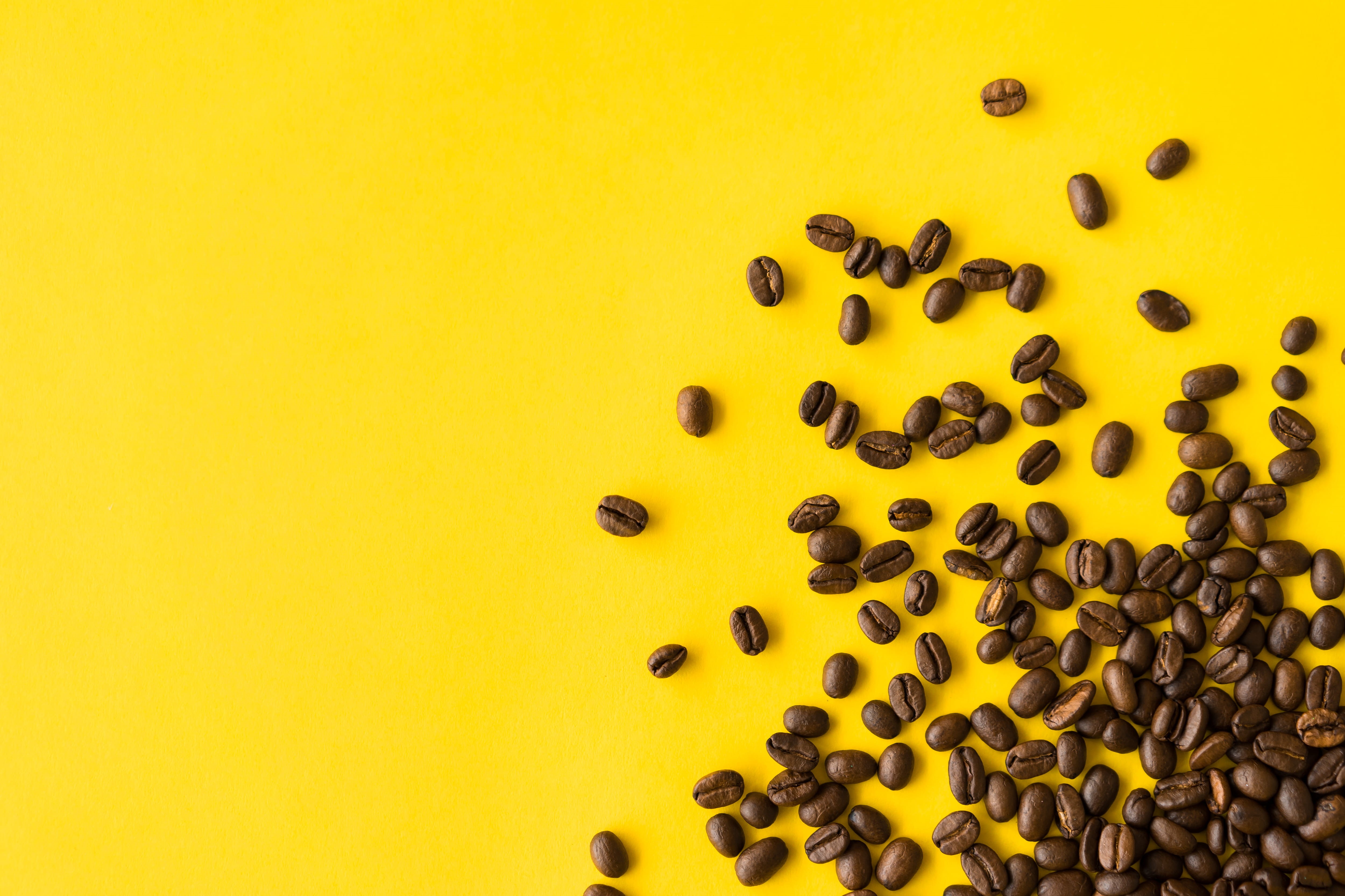 coffee, seed, colored background, brown, close-up, freshness, yellow background, no people, still life, food and drink, indoors, beans, top, coffee beans, HD Wallpaper