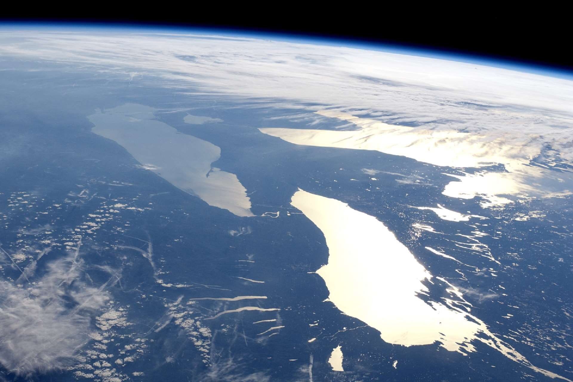 reflection, space, outdoors, stars, nature, view, sky, earth, clouds, scenics - nature, water, globe, physical geography, space station, great lakes, beauty in nature, HD Wallpaper