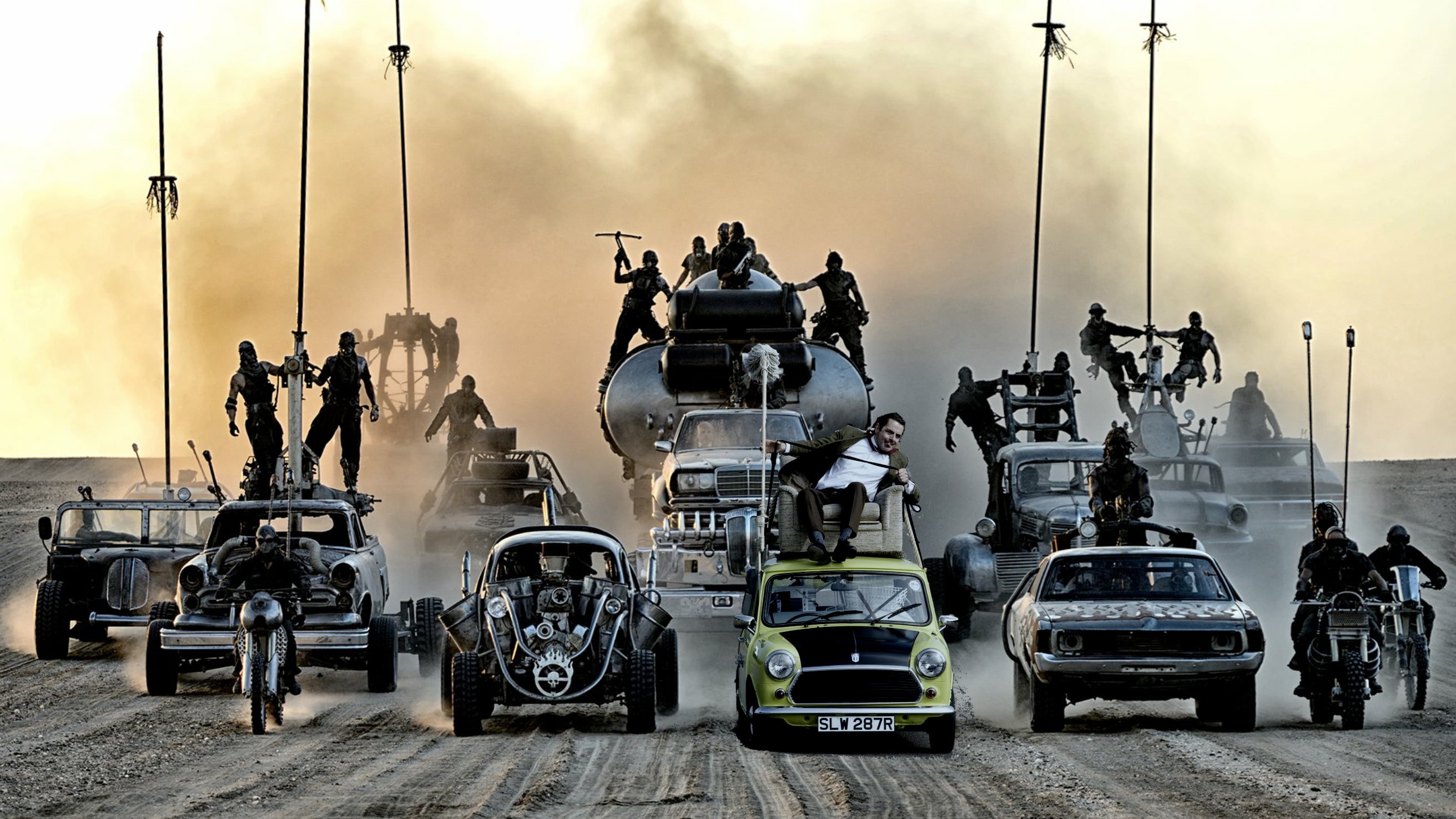 2K, movies, Mad Max, desert, Mr. Bean, Photoshop, mash-ups, HD Wallpaper