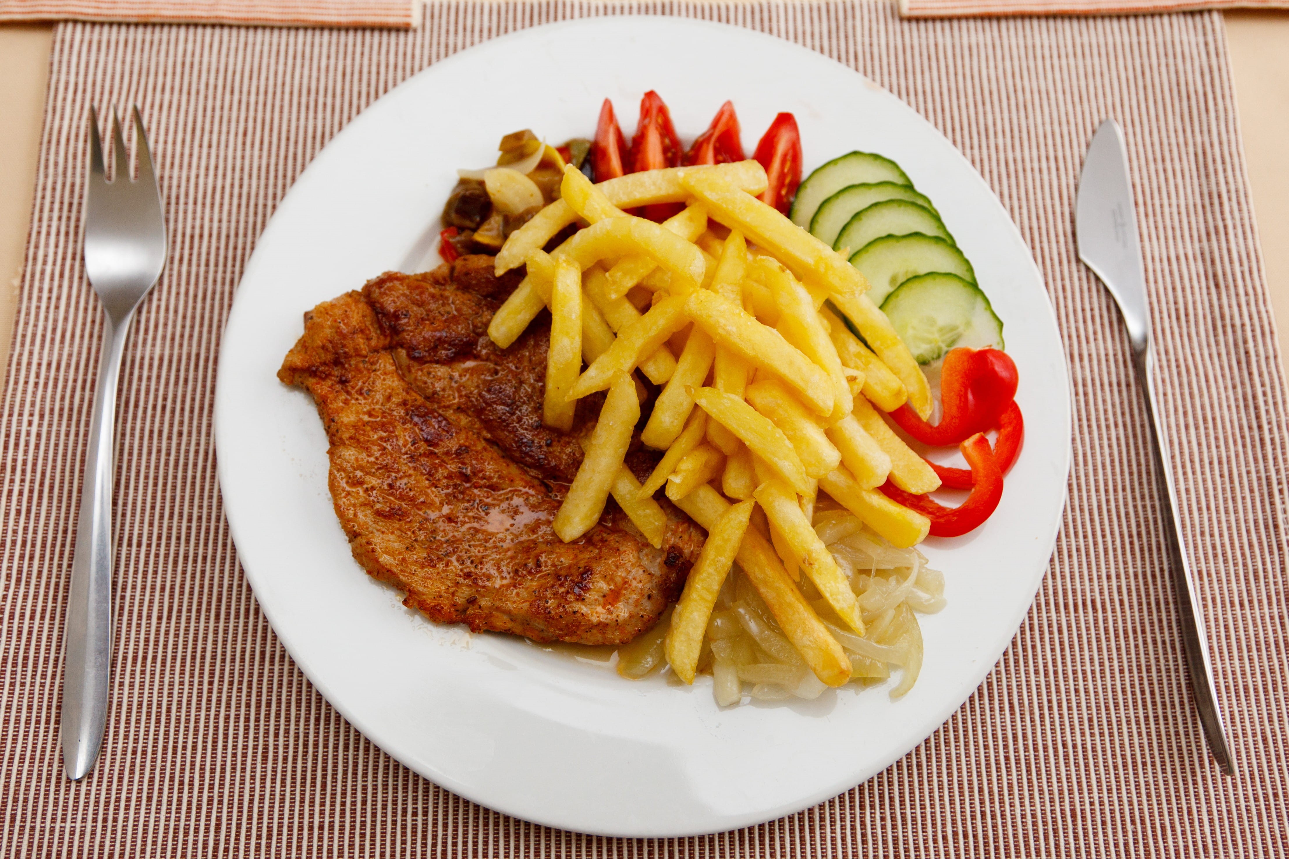 pork, plate, ceramic plate, slice, stainless steel, steak, prepared potato, dinner, still life, no people, food and drink, serving size, roast, fried, ready-to-eat, HD Wallpaper