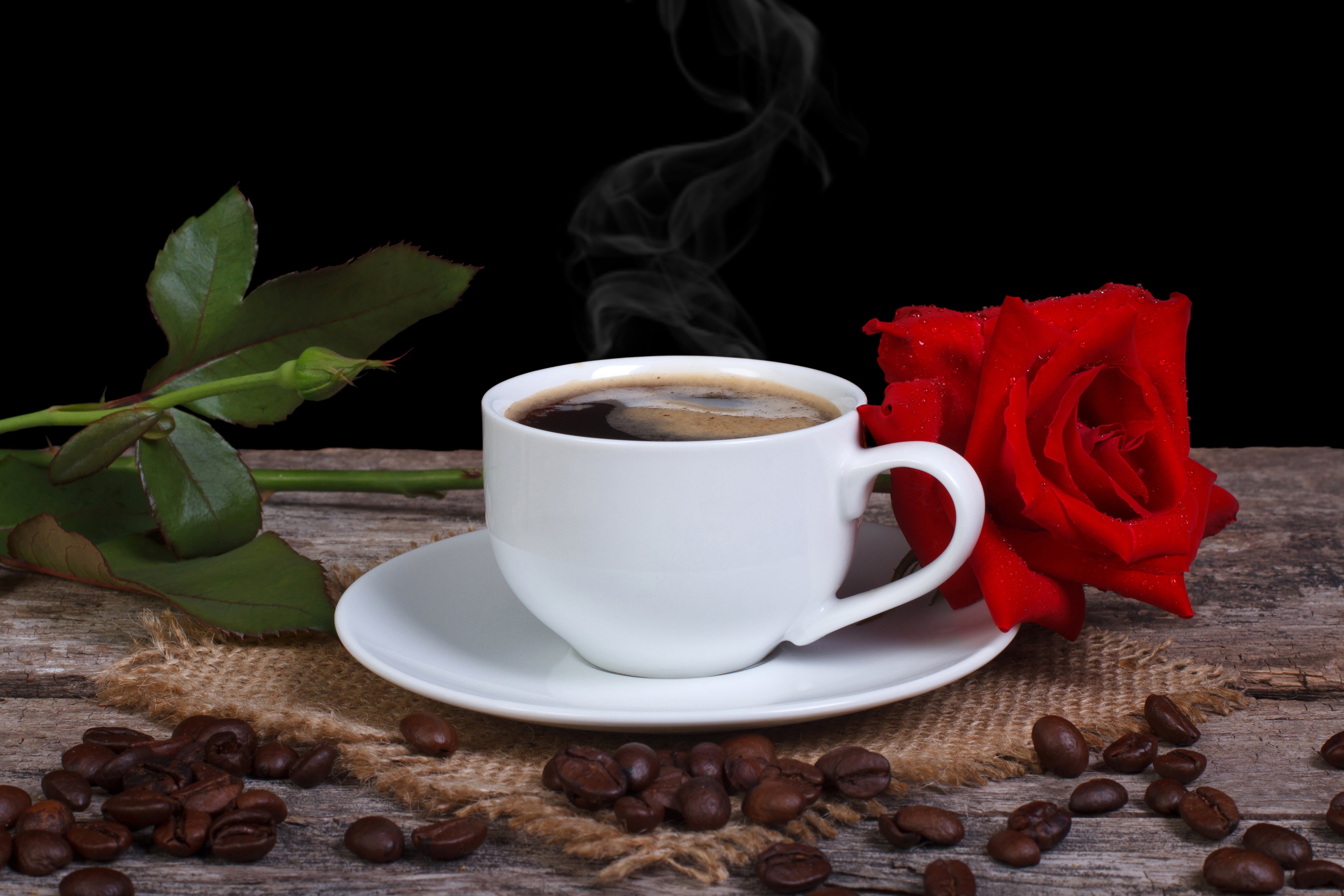 food, black background, white, brown, 5K, flower, mug, mocha, rose, drink, plant part, coffee, indoors, morning, Cup, backgrounds, black Color, wood - Material, HD Wallpaper