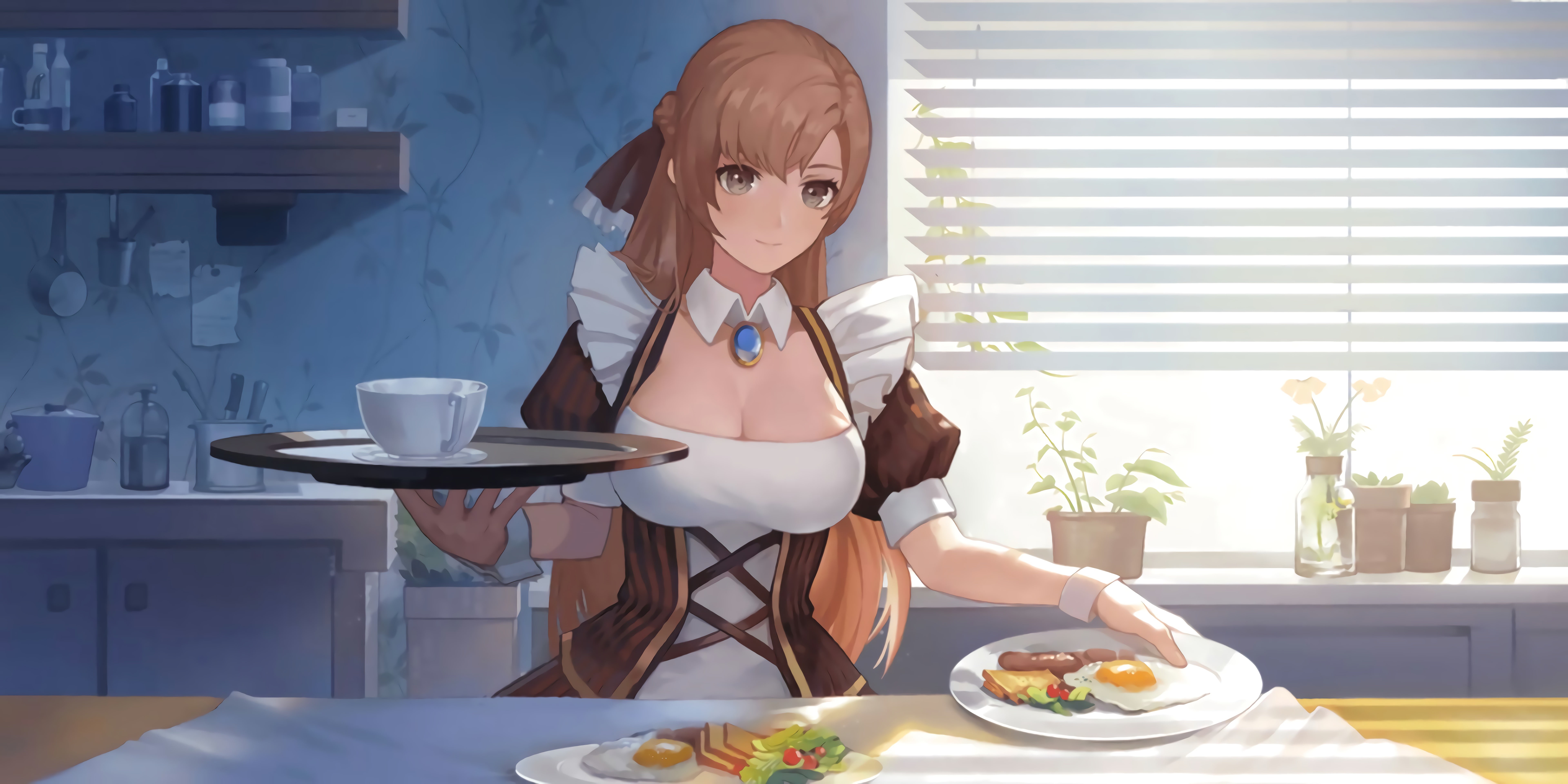 plate, cup, indoors, food, freshness, meal, adult, sitting, young adult, anime girls, real people, table, leisure activity, lifestyles, beautiful woman, HD Wallpaper