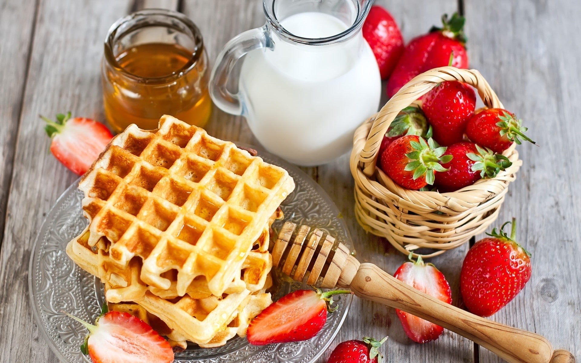 container, strawberry, drink, food, honey, milk, strawberries, glass, food and drink, wooden surface, colorful, 1080P, basket, waffles, freshness, wood - material, HD Wallpaper