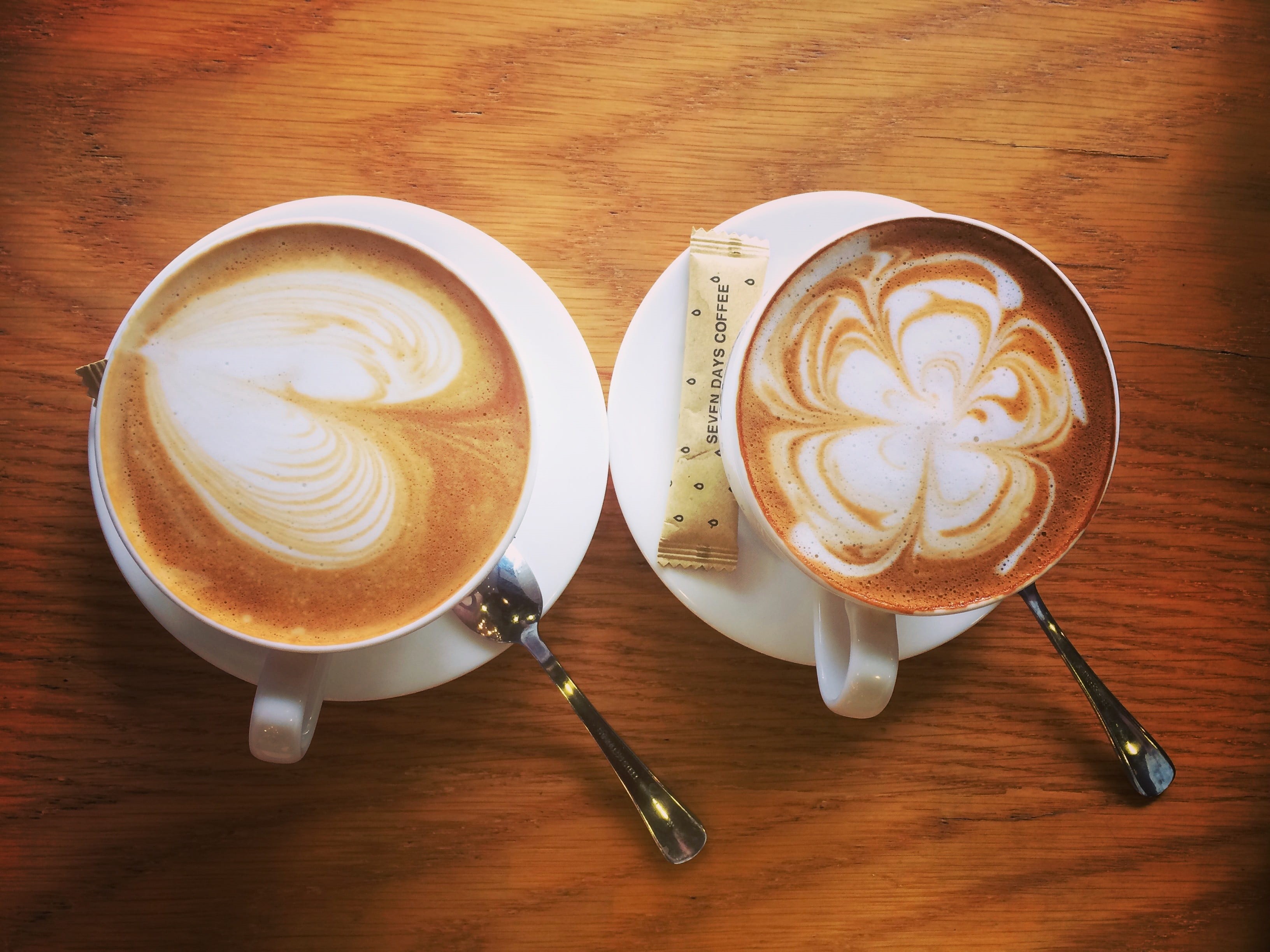 no people, lattes, saucer, refreshment, teaspoon, mug, latte, coffee, caramel macchiato, mocha, table, lay, froth art, photography, two, crockery, 2K, HD Wallpaper