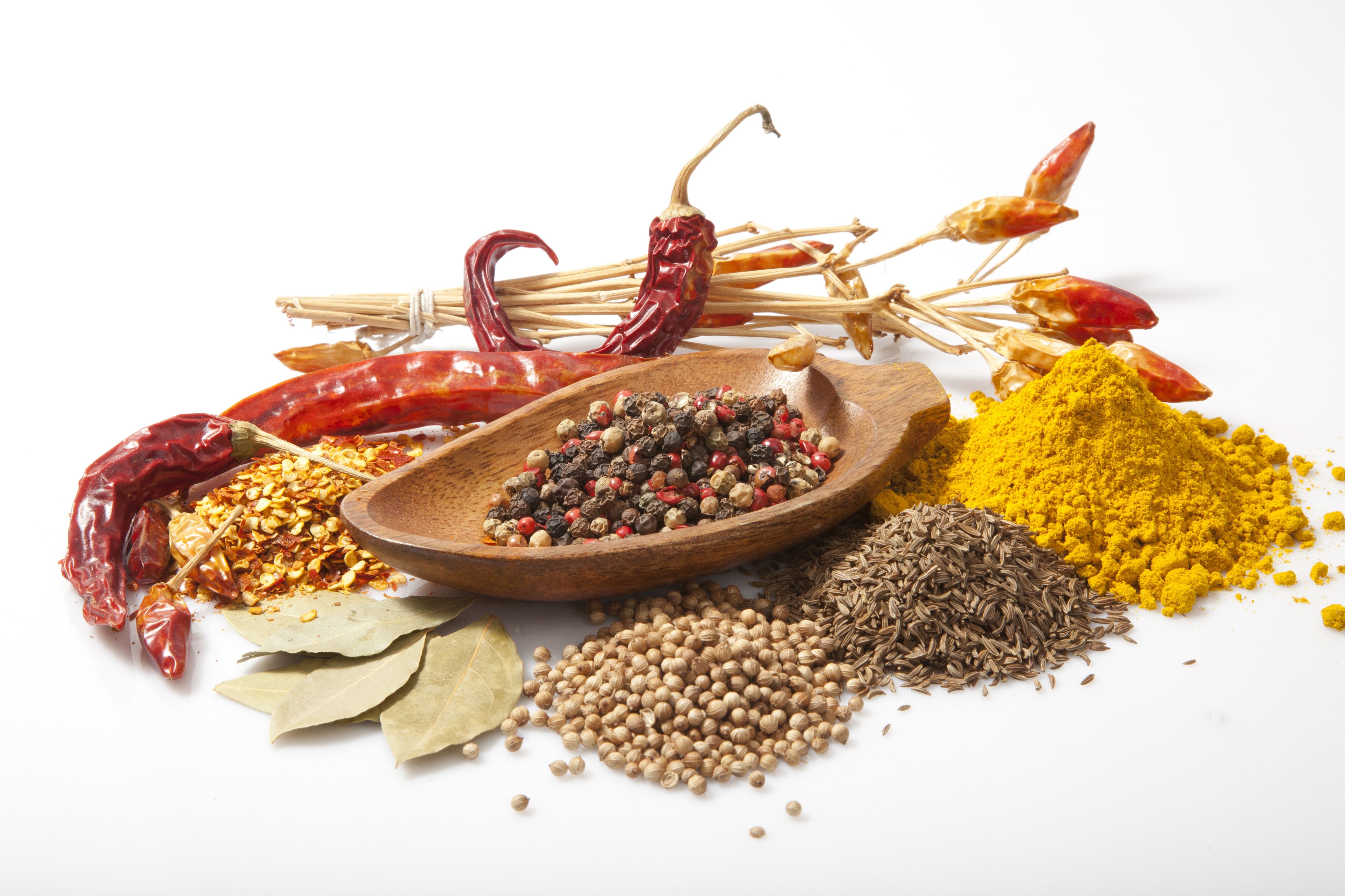healthy eating, no people, pepper, bowl, still life, Bay leaf, dry, close-up, freshness, red pepper, white background, assorted, choice, studio shot, ingredient, HD Wallpaper