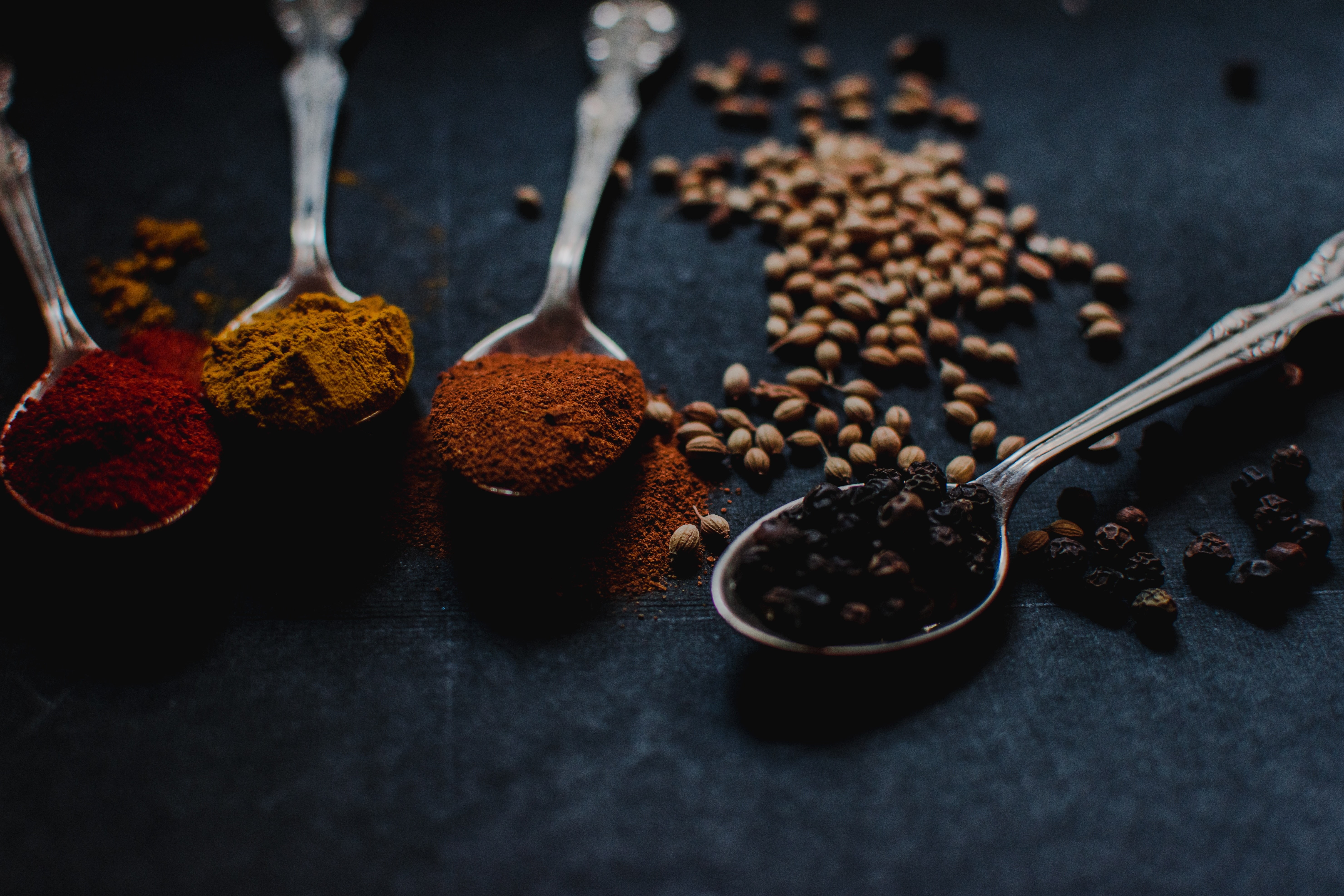 still life, freshness, spice, Black pepper (Spice), indoors, cardamom, 5K, brown, selective focus, high angle view, kitchen utensil, closeup, cinnamon, HD Wallpaper