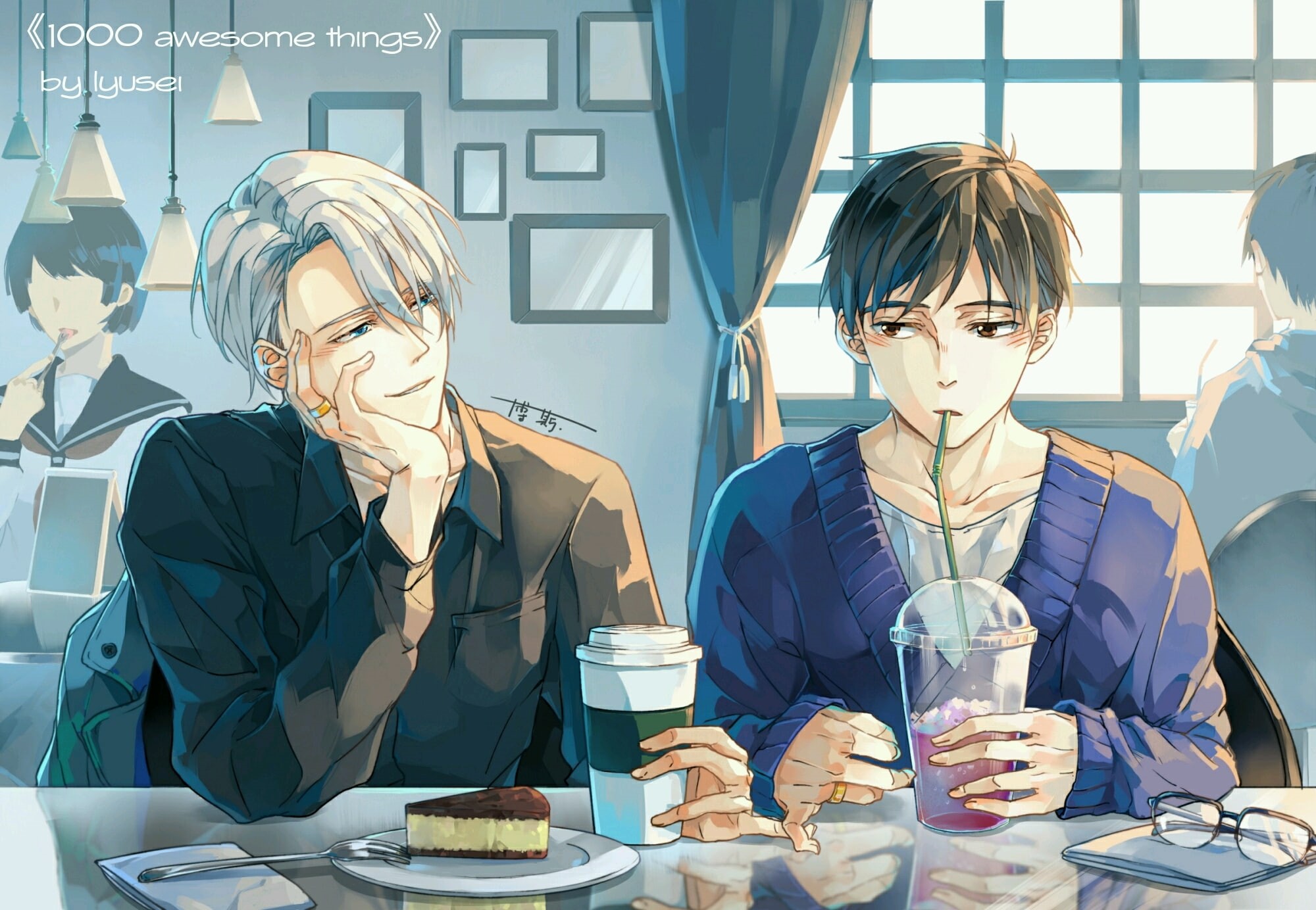 table, two people, food and drink, lifestyles, restaurant, glass - material, Anime, katsuki yuuri, glass, adult, front view, refreshment, females, real people, HD Wallpaper