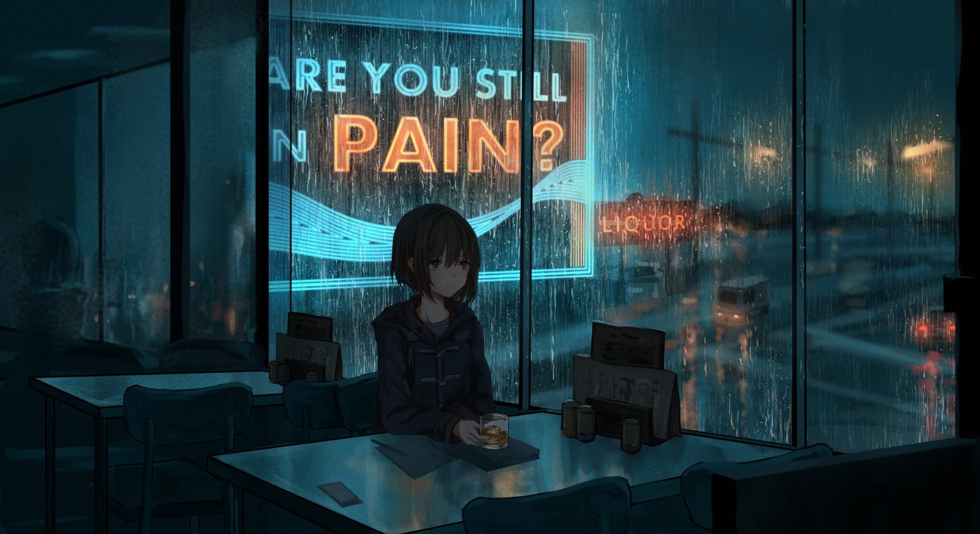 night, anime, rain, cafe, mood, 1080P, art, HD Wallpaper