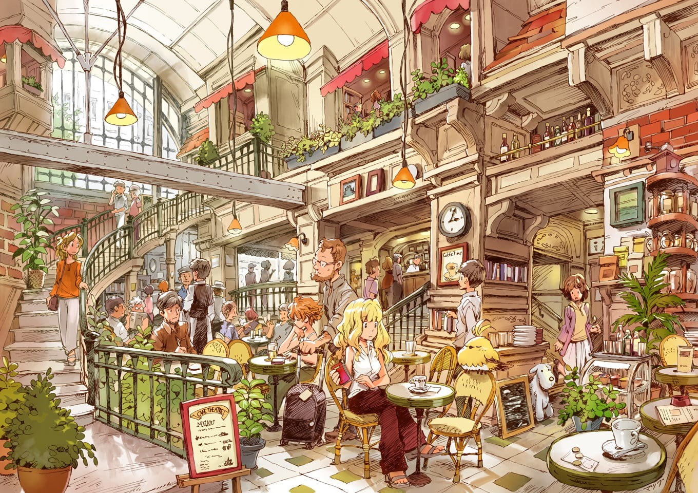 cafes, library, people, men, illustration, adult, store, food and drink, lifestyles, representation, women, built structure, 720P, real people, large group of people, HD Wallpaper