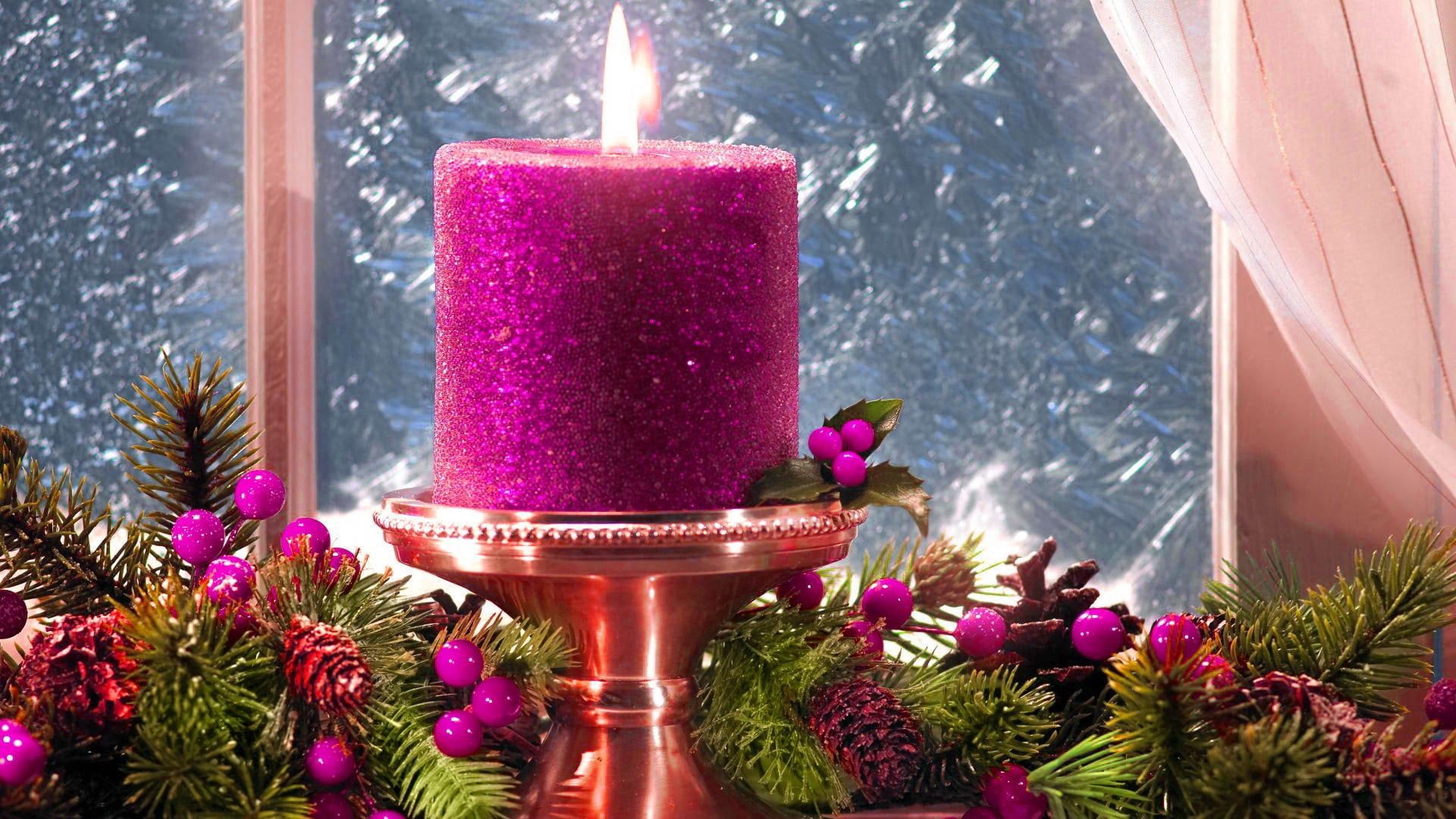 purple, lovely, beautiful, snow, merry christmas, 1080P, candle, cold, pret, scented, nice, snowflakes, flame, cle, new year, cristmas, HD Wallpaper
