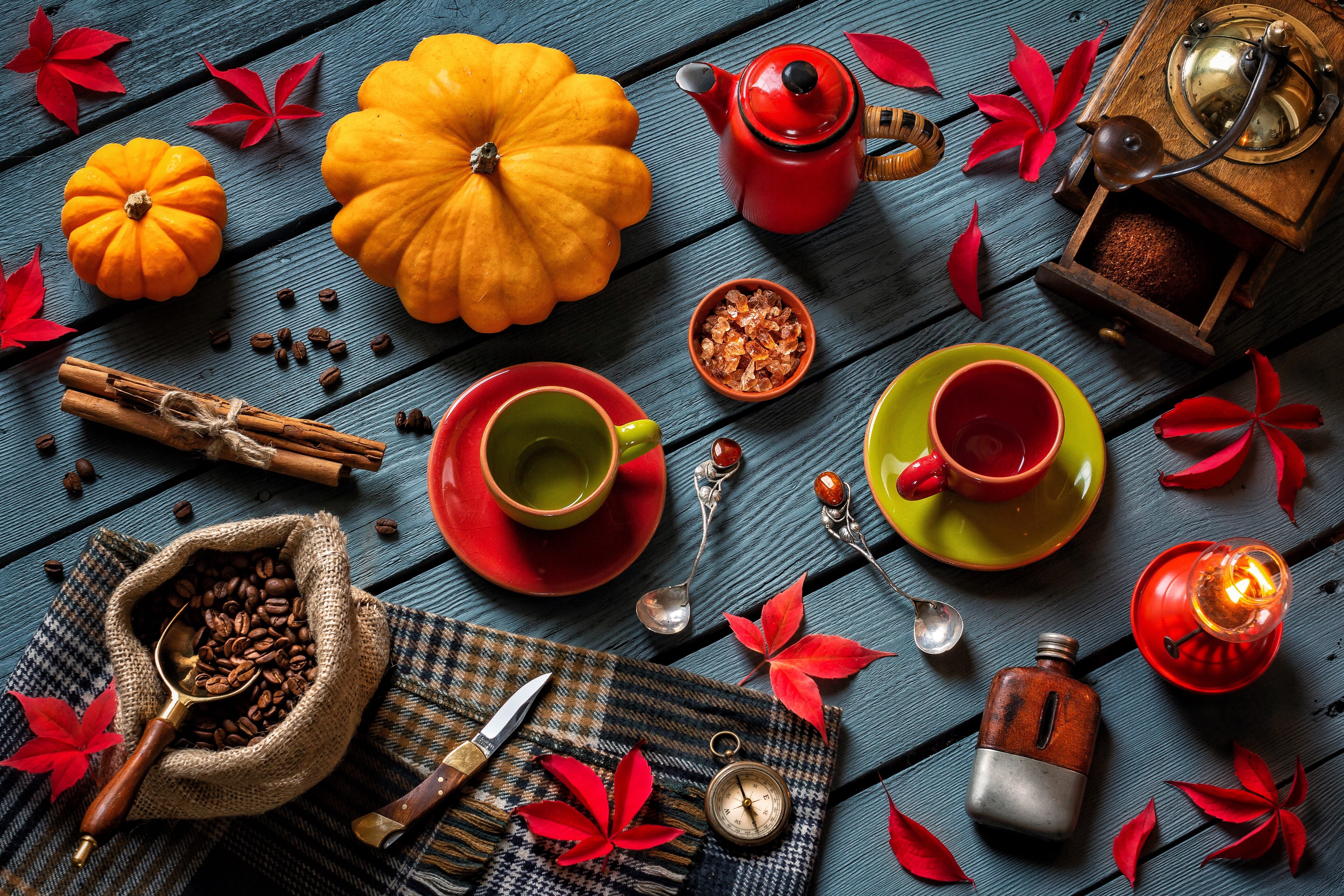 mugs, candle, leaves, kettle, coffee, style, 5K, coffee grinder, knife, compass, autumn still life, pumpkin, spoon, coffee beans, cinnamon, HD Wallpaper