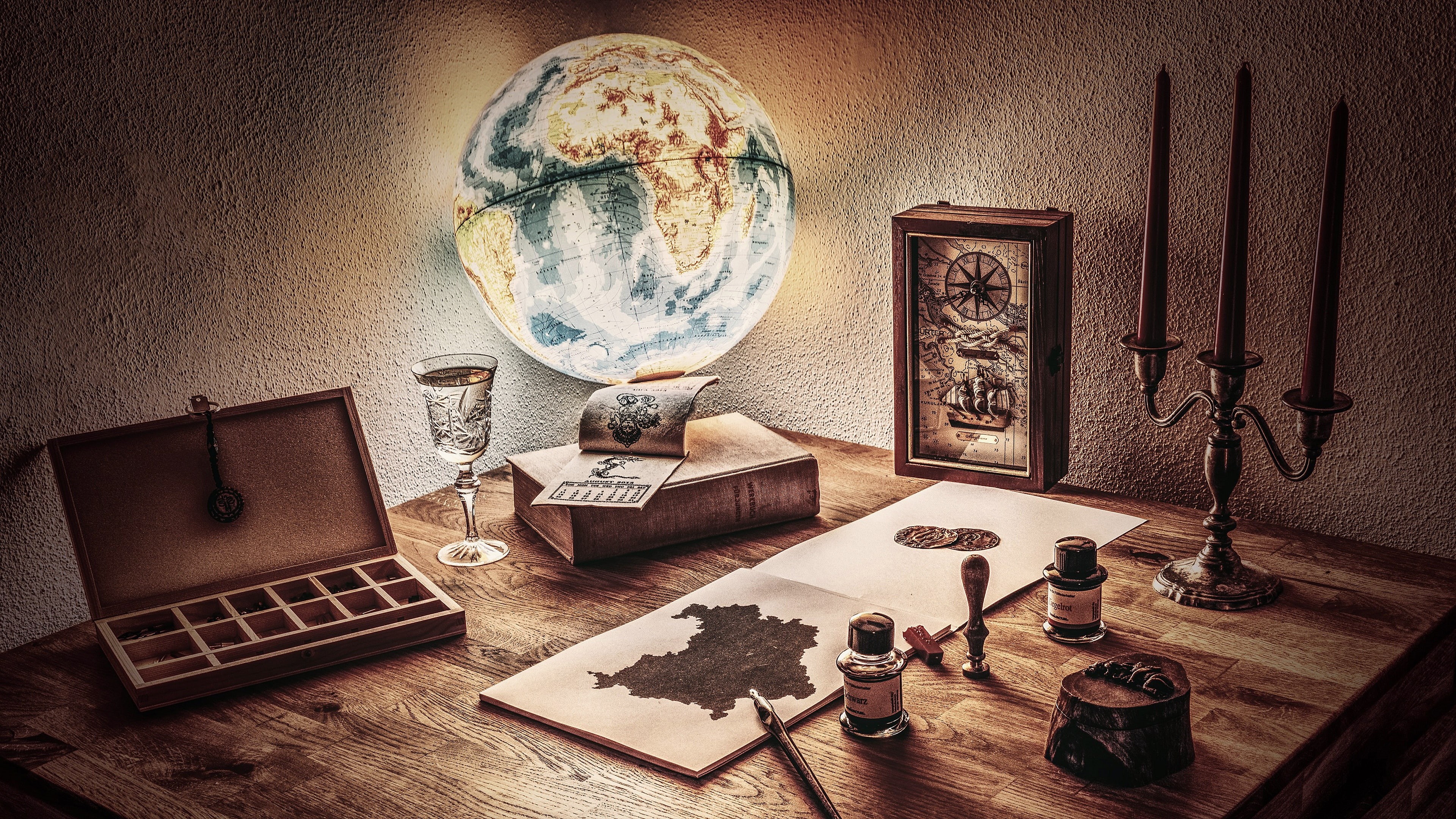 4K, compass, table, globe, still life, HD Wallpaper