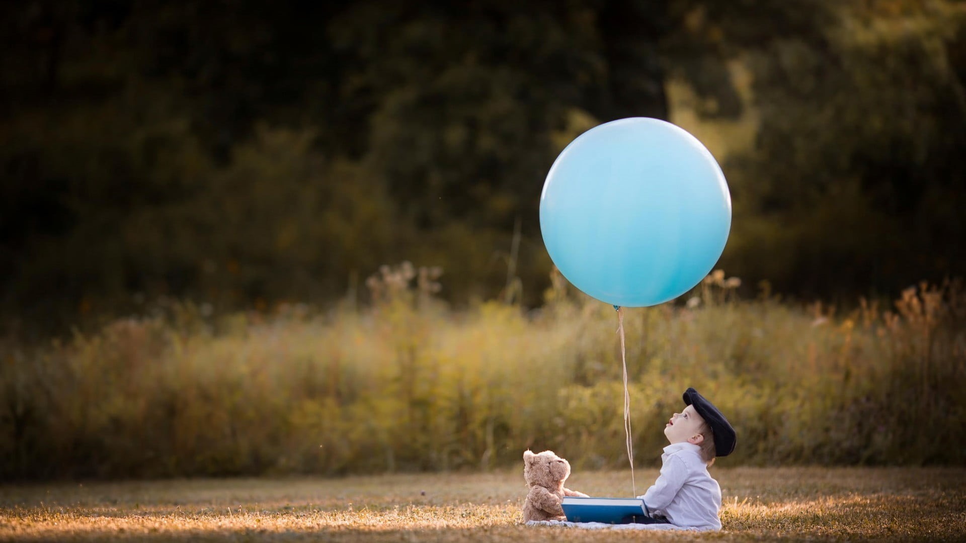 hairstyle, grass, blue, balloon, leisure activity, sitting, plush, contemplation, 1080P, plant, one person, toy, park, day, tree, outdoors, casual clothing, HD Wallpaper