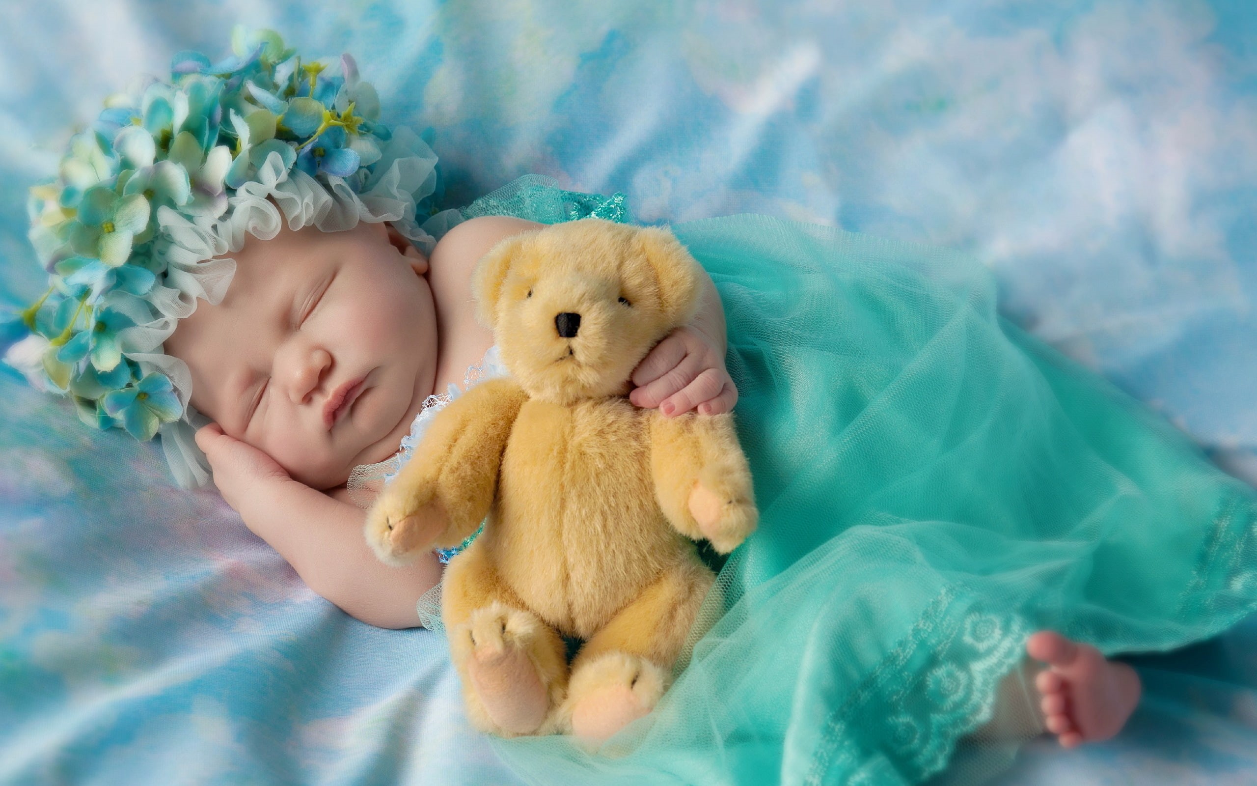 2K, Sleeping, Cute baby, Teddy bear, HD Wallpaper
