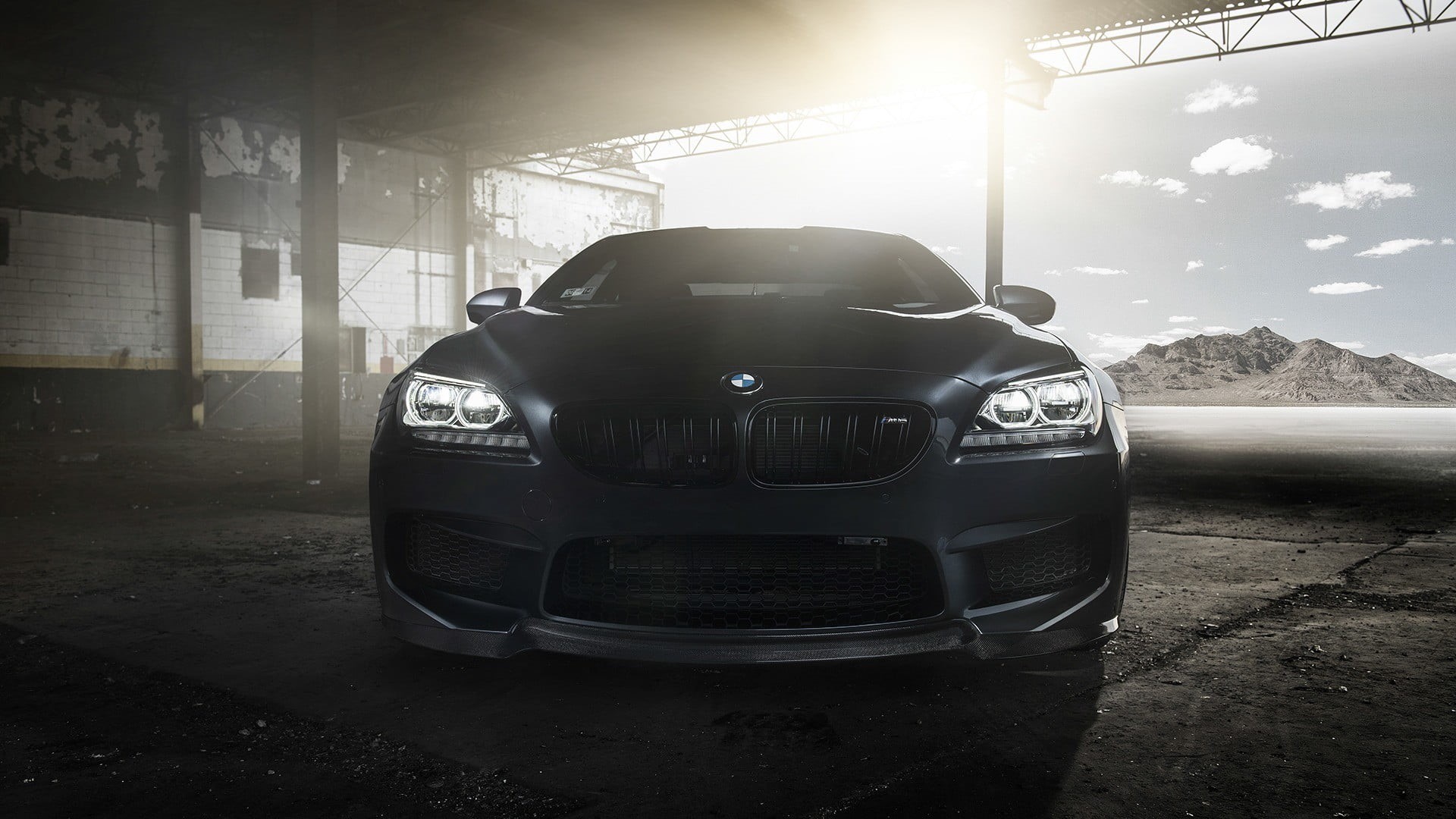 architecture, 1080P, lens flare, BMW M6, sunbeam, built structure, headlight, motor vehicle, sky, luxury, nature, indoors, transportation, car, day, black, HD Wallpaper