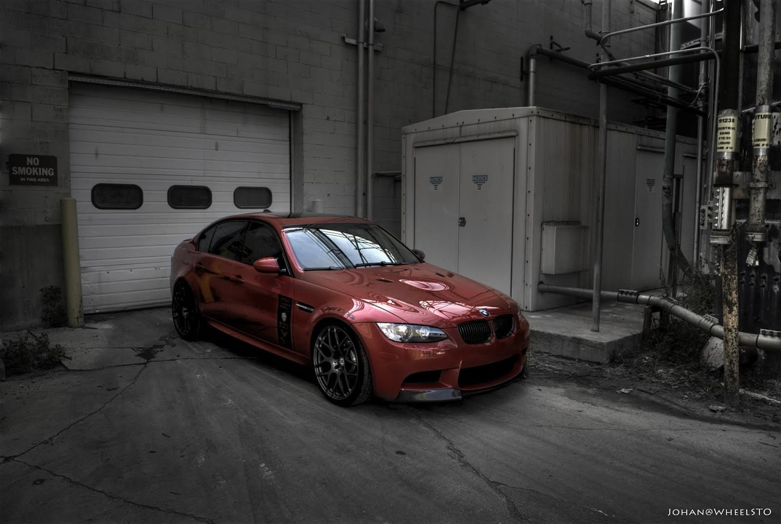 transportation, red cars, building, city, red, street, built structure, stationary, no people, sedan, damaged, land vehicle, architecture, BMW E92 M3, day, HD Wallpaper