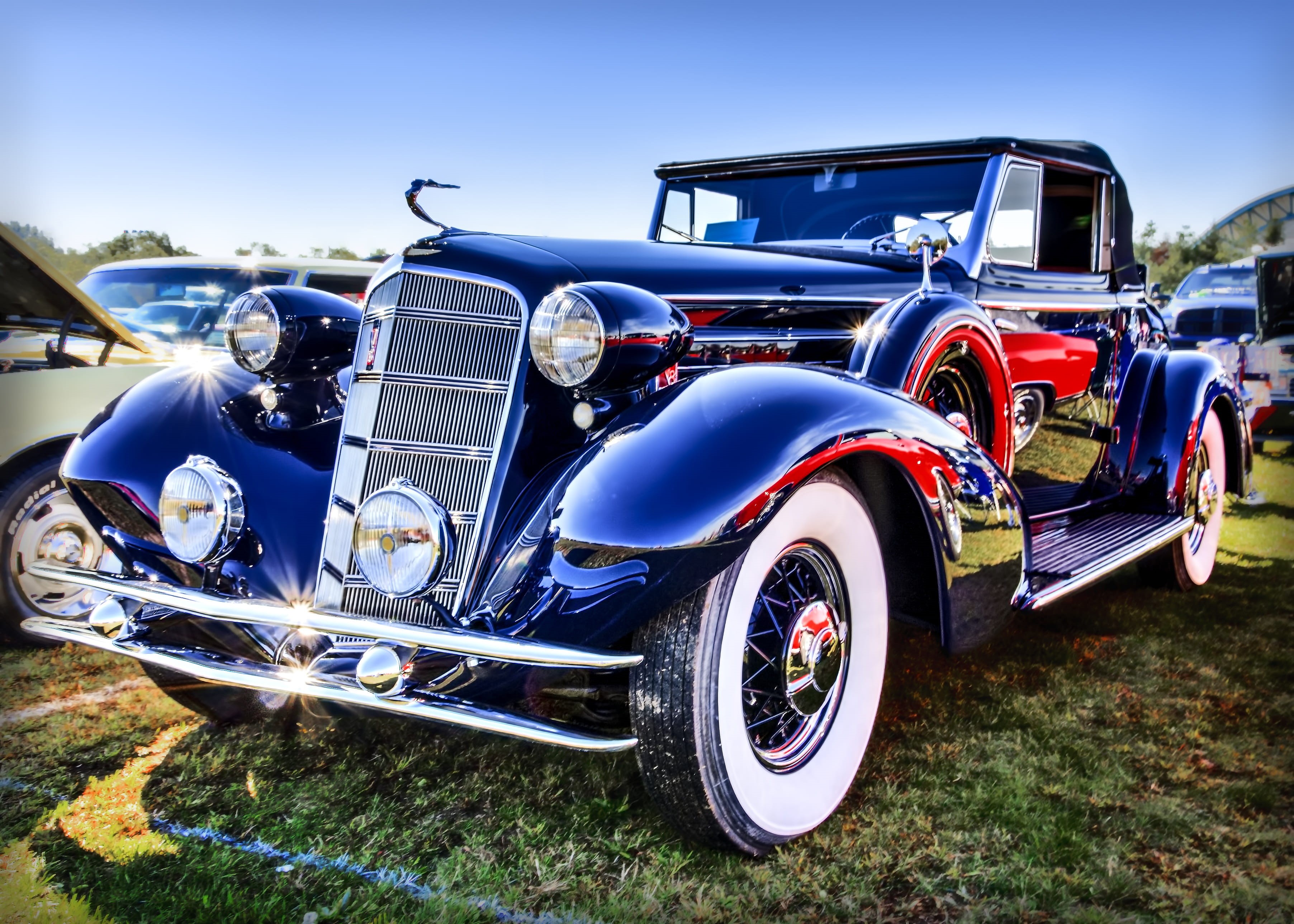 no people, historic, motor vehicle, green, hdr, automobile, headlight, nature, vehicle, old-fashioned, classic, old, retro styled, luxury, sunlight, grass, HD Wallpaper