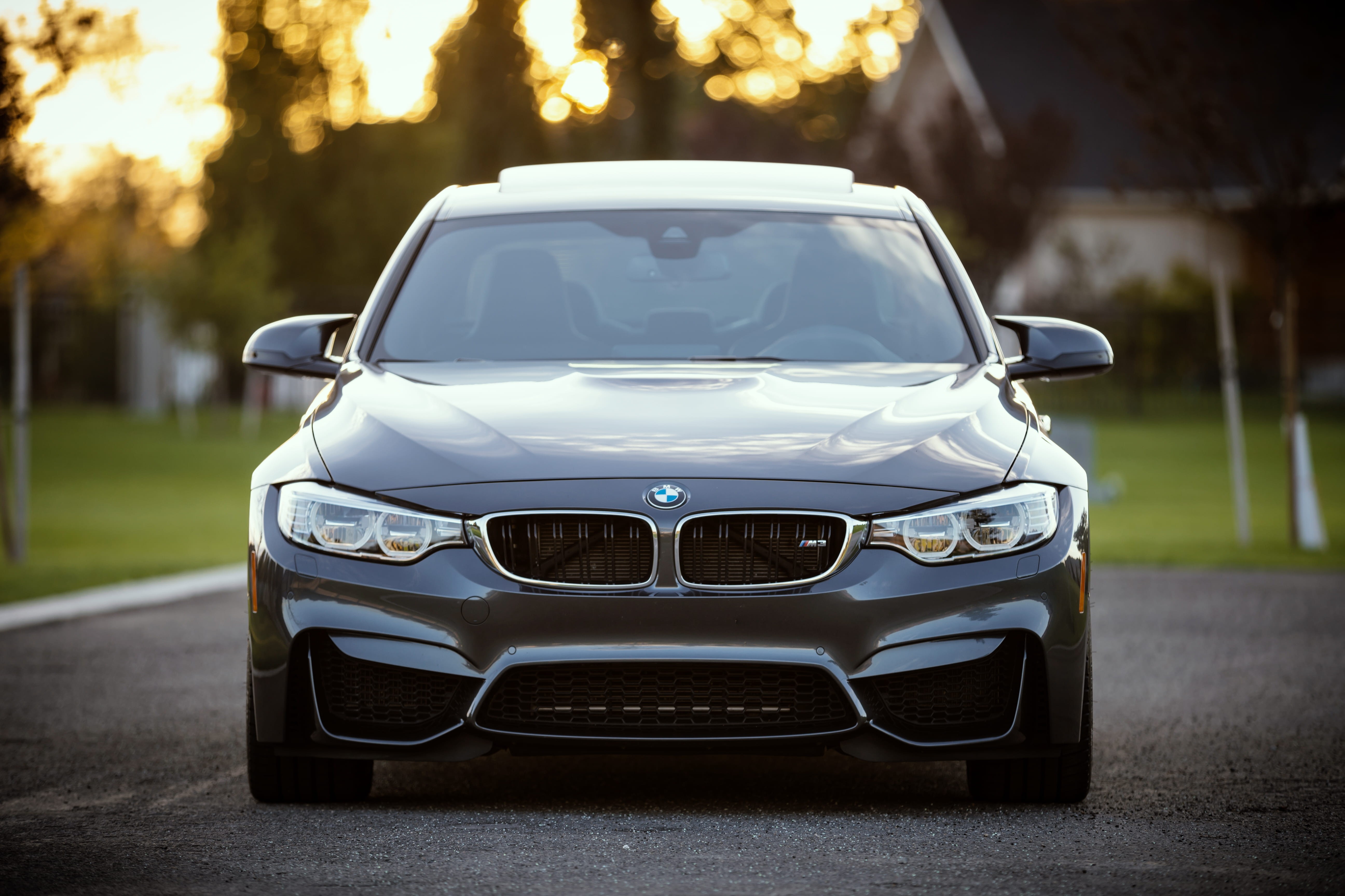 vehicle, BMW, land Vehicle, day, photo, nature, automobile, front view, luxury, mode of transportation, reflection, black, motor vehicle, road, focus on foreground, HD Wallpaper