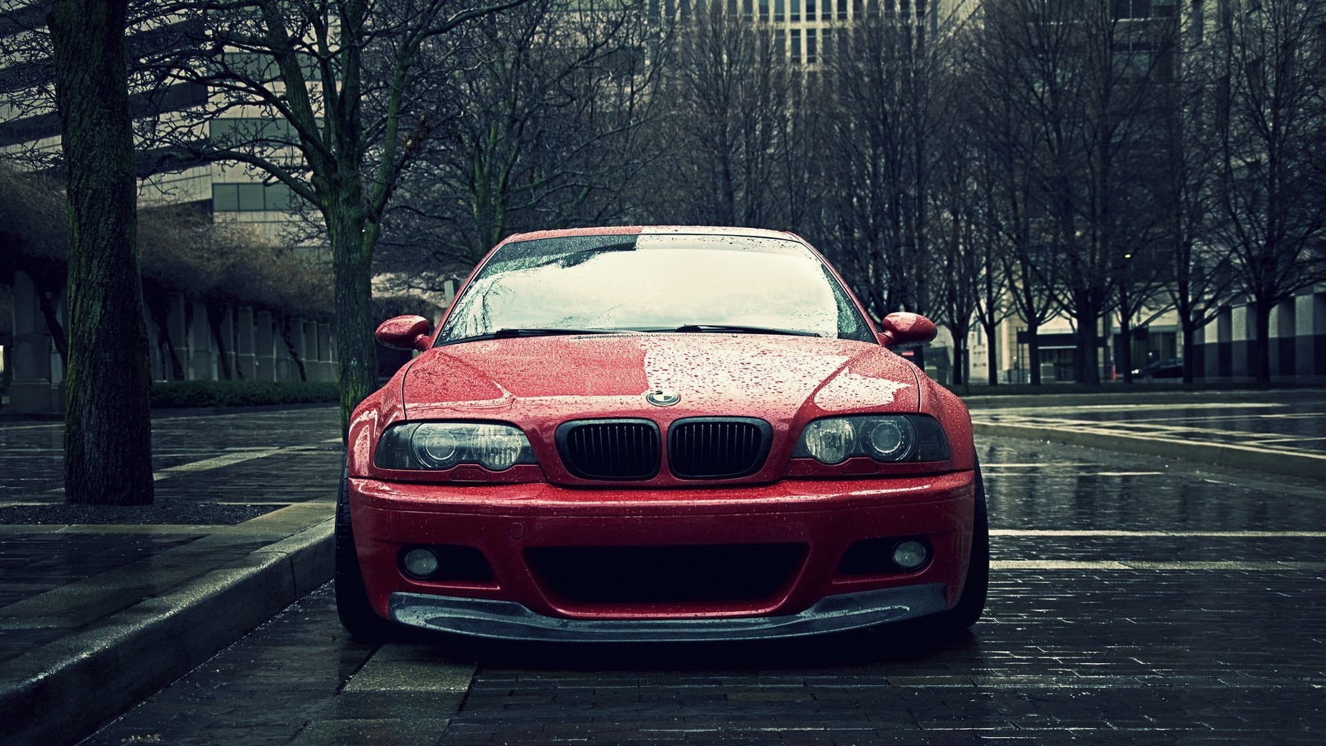 bare tree, vehicle, day, transportation, mode of transportation, BMW M3 E46, motor vehicle, e46, tree, sports car, wet, city, BMW, red cars, red, no people, HD Wallpaper