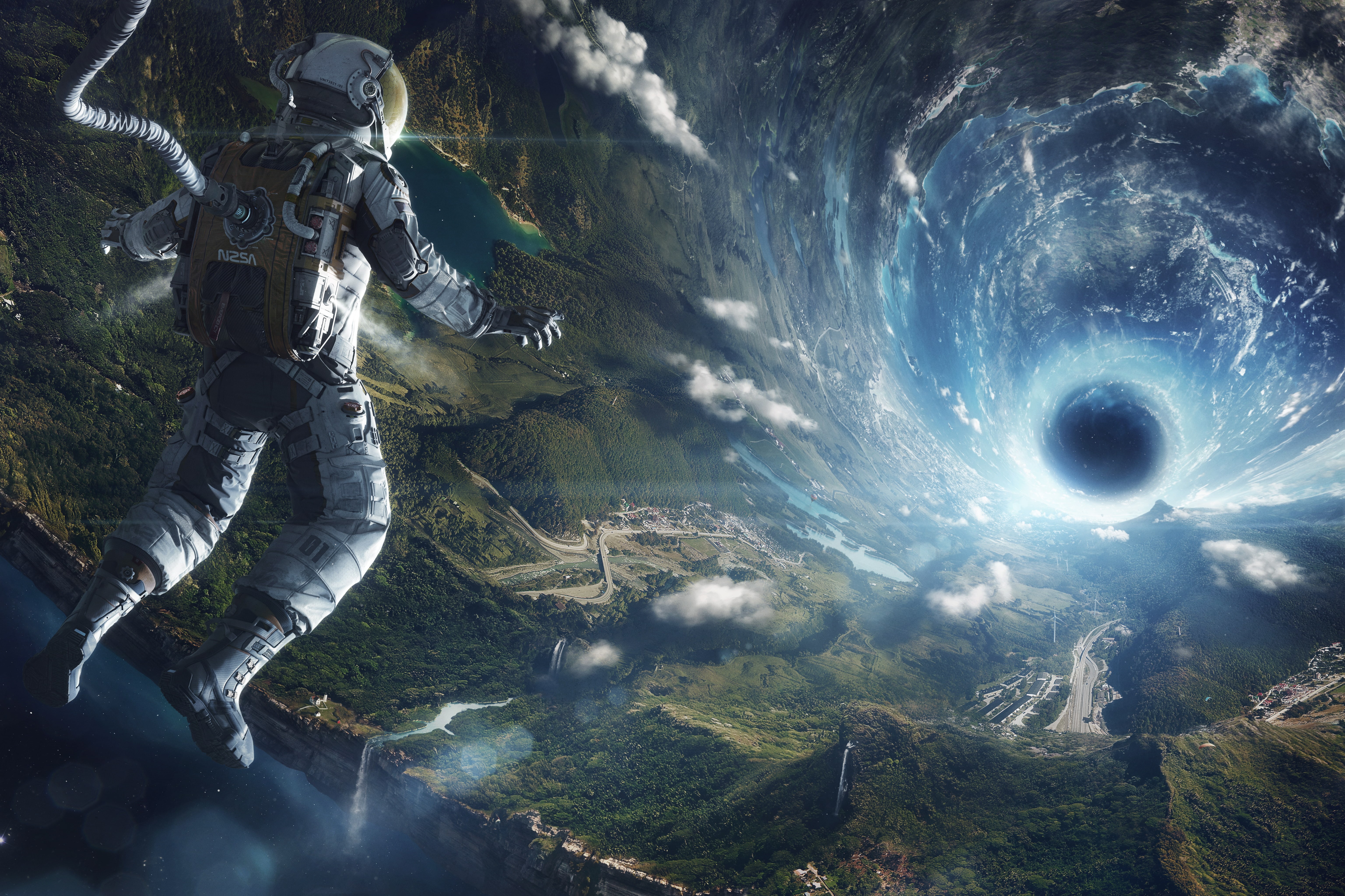5K, 5K, Vortex, Black hole, 4K, Astronaut, Sci-Fi, HD Wallpaper
